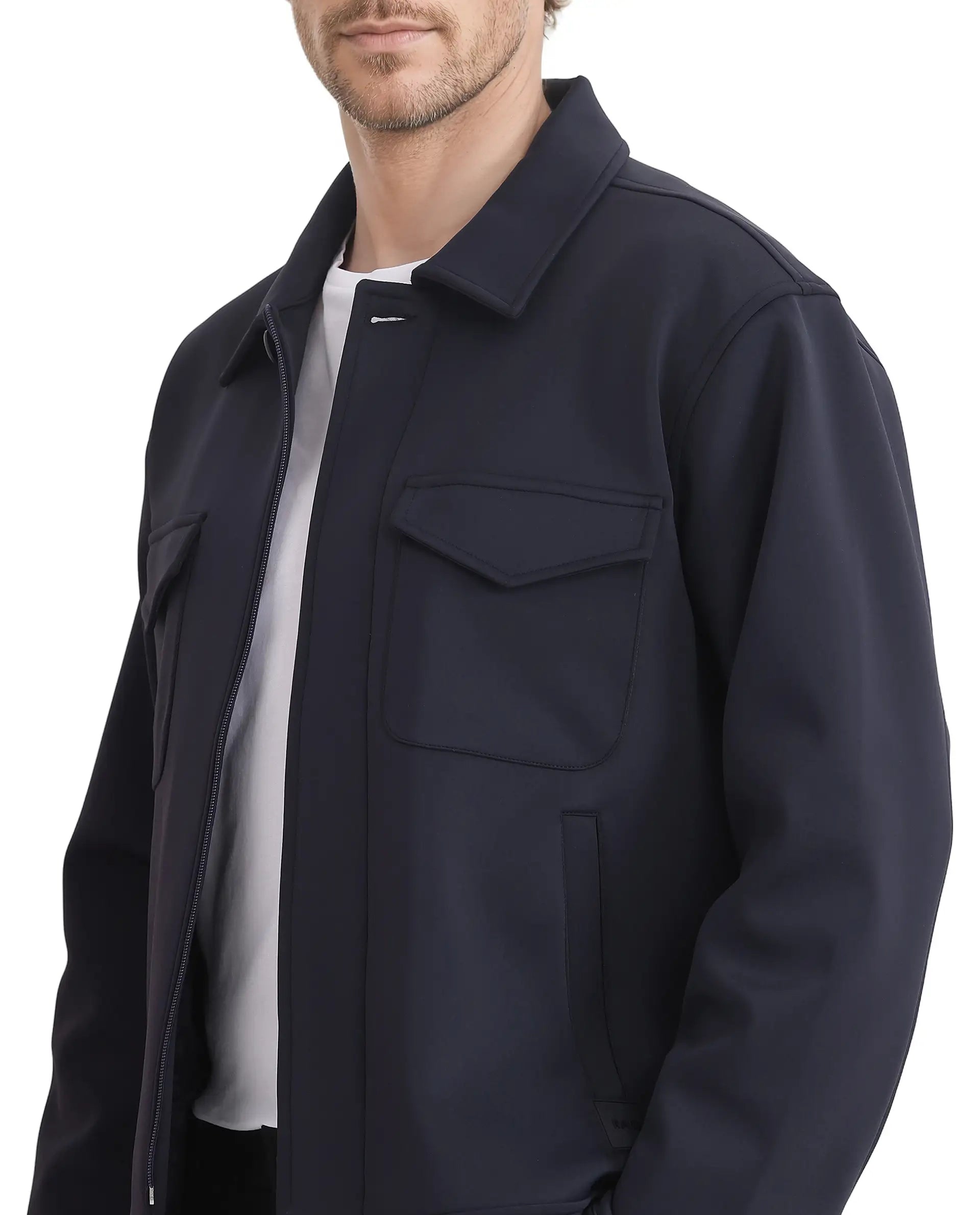 Rare Rabbit Men Mapi Navy Nylon Fabric Full Sleeves Spread Collar Button and Zipper Closure Plain Jacket