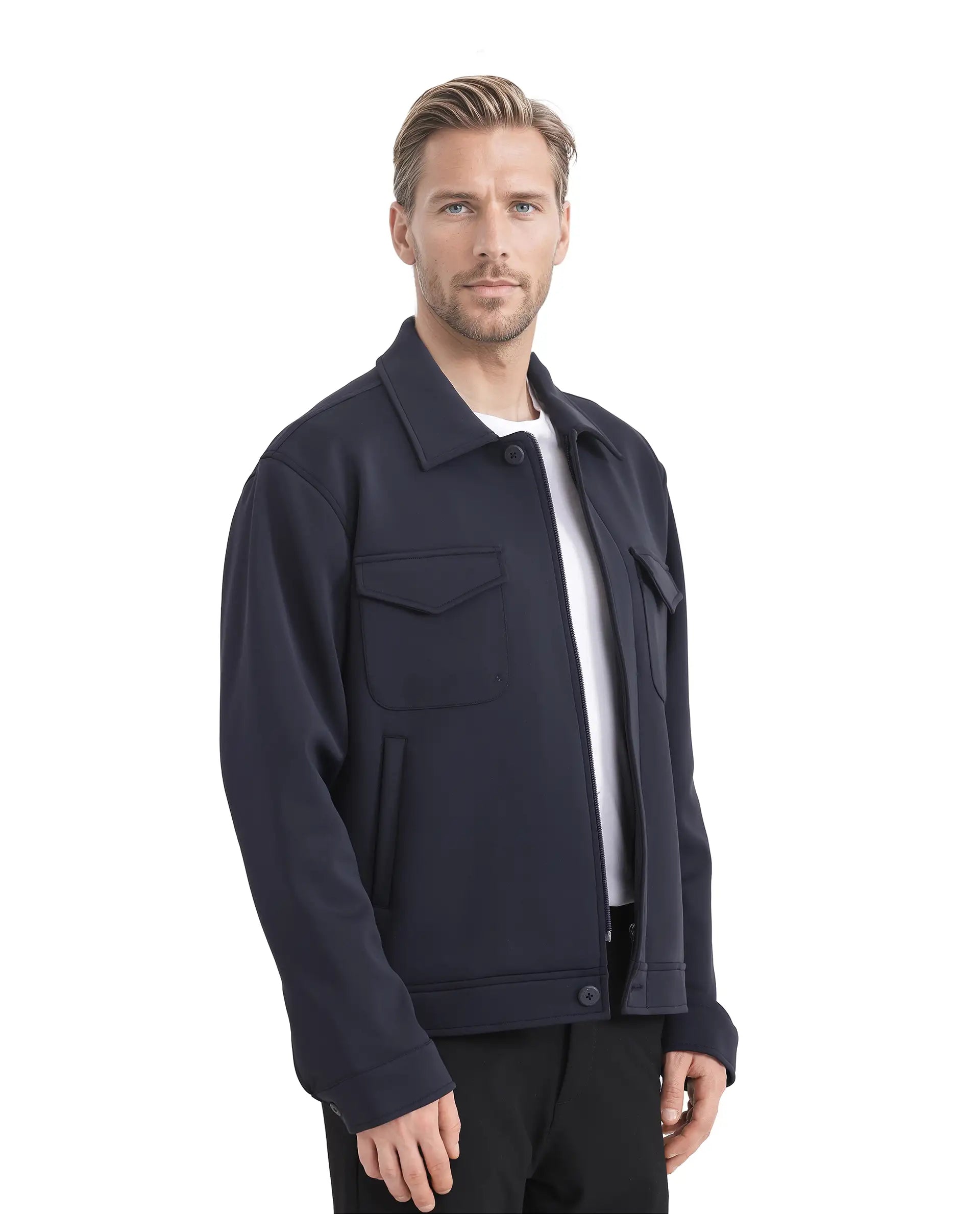 Rare Rabbit Men Mapi Navy Nylon Fabric Full Sleeves Spread Collar Button and Zipper Closure Plain Jacket