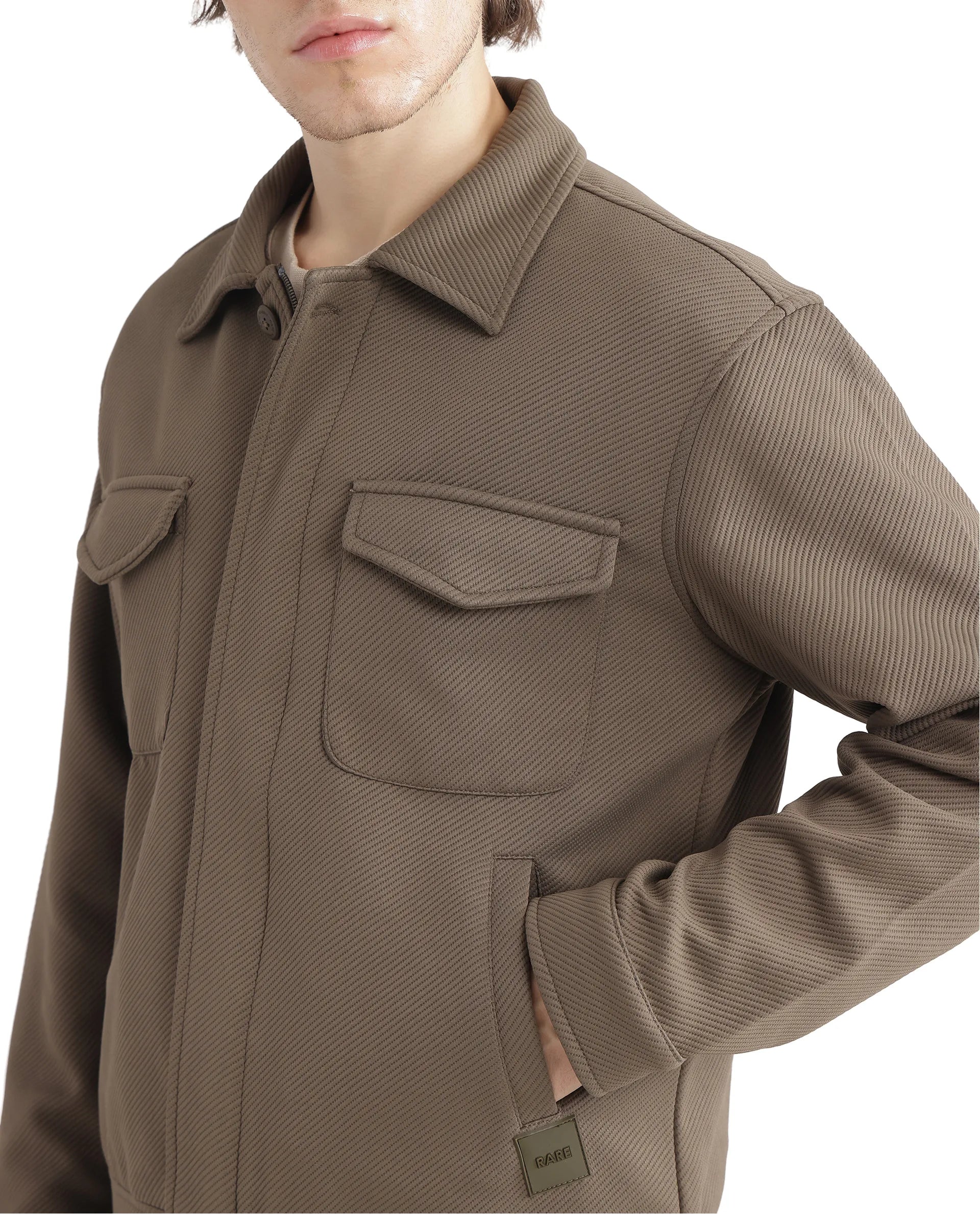 Rare Rabbit Men Mapis Olive Polyester Fabric Full Sleeves Curved Collar Zipper Closure Plain Jacket
