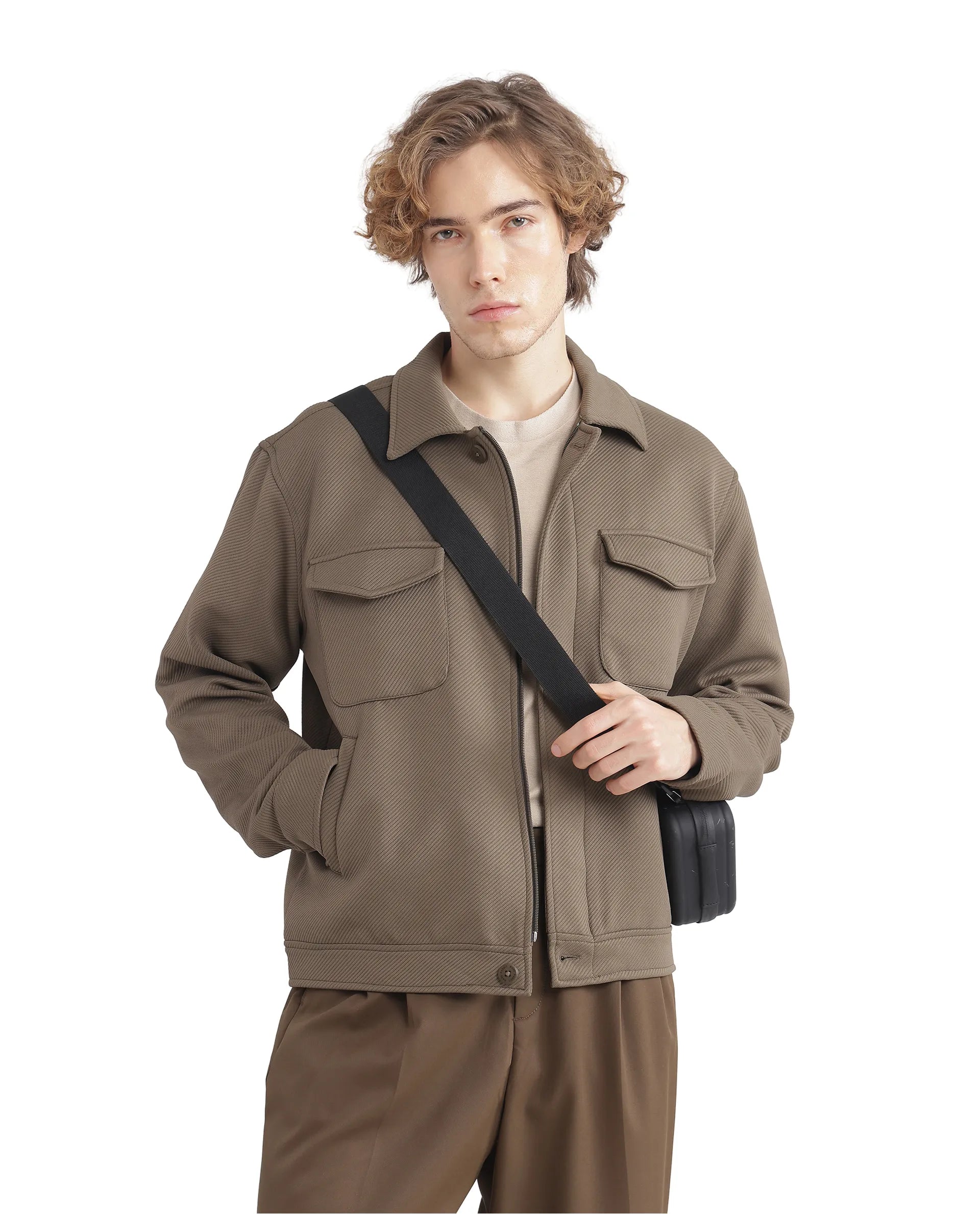 Rare Rabbit Men Mapis Olive Polyester Fabric Full Sleeves Curved Collar Zipper Closure Plain Jacket