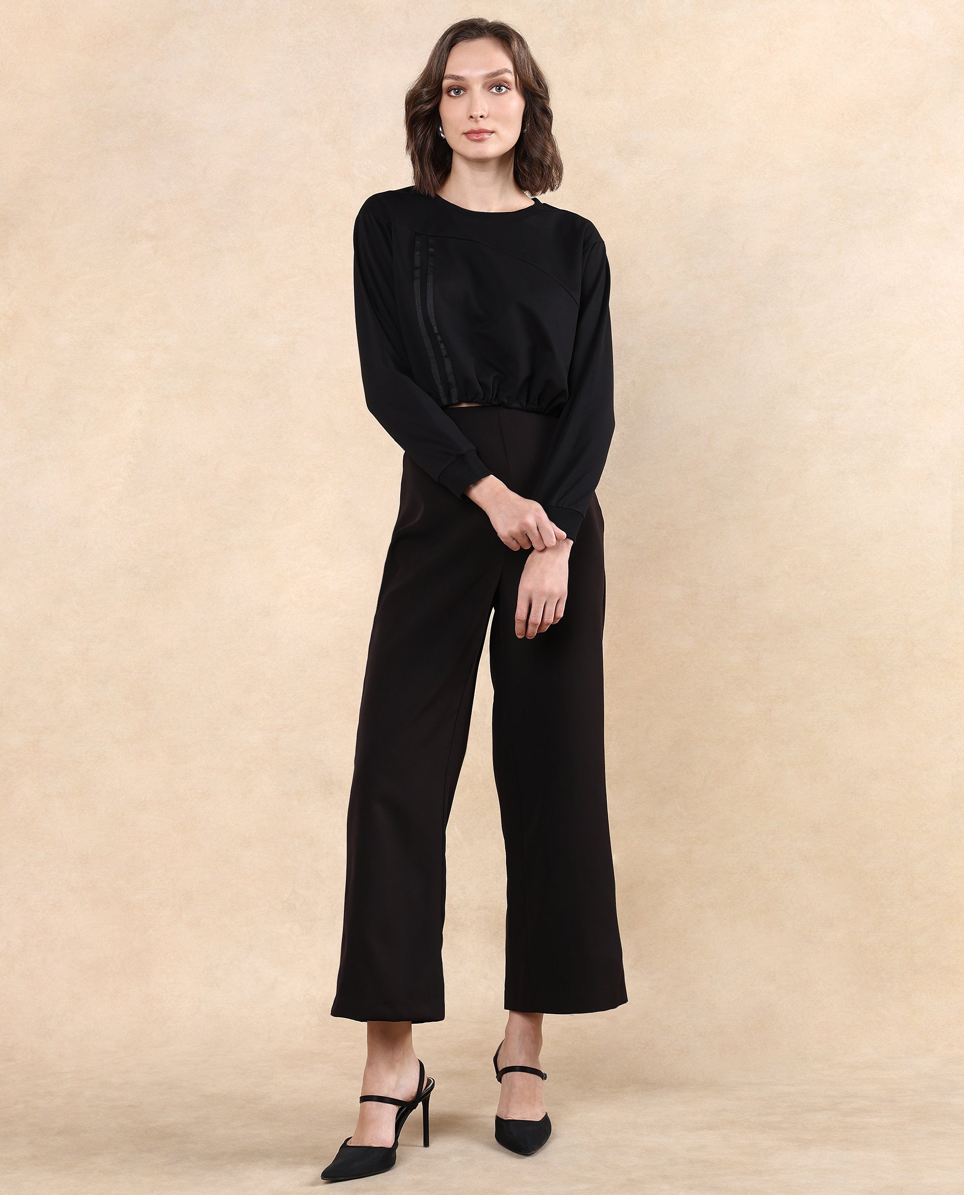 Rareism Women Maple Black Cotton Blend Fabric Full Sleeve Round Neck Relaxed Fit Cropped Plain Sweatshirt