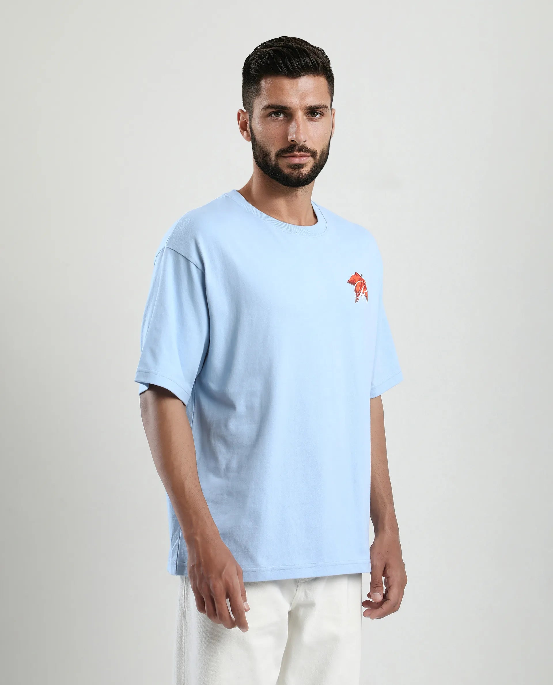 Rare Rabbit Men's Mapler Blue Cotton Graphic Print Oversized Fit Half Sleeve Crew Neck T-Shirt