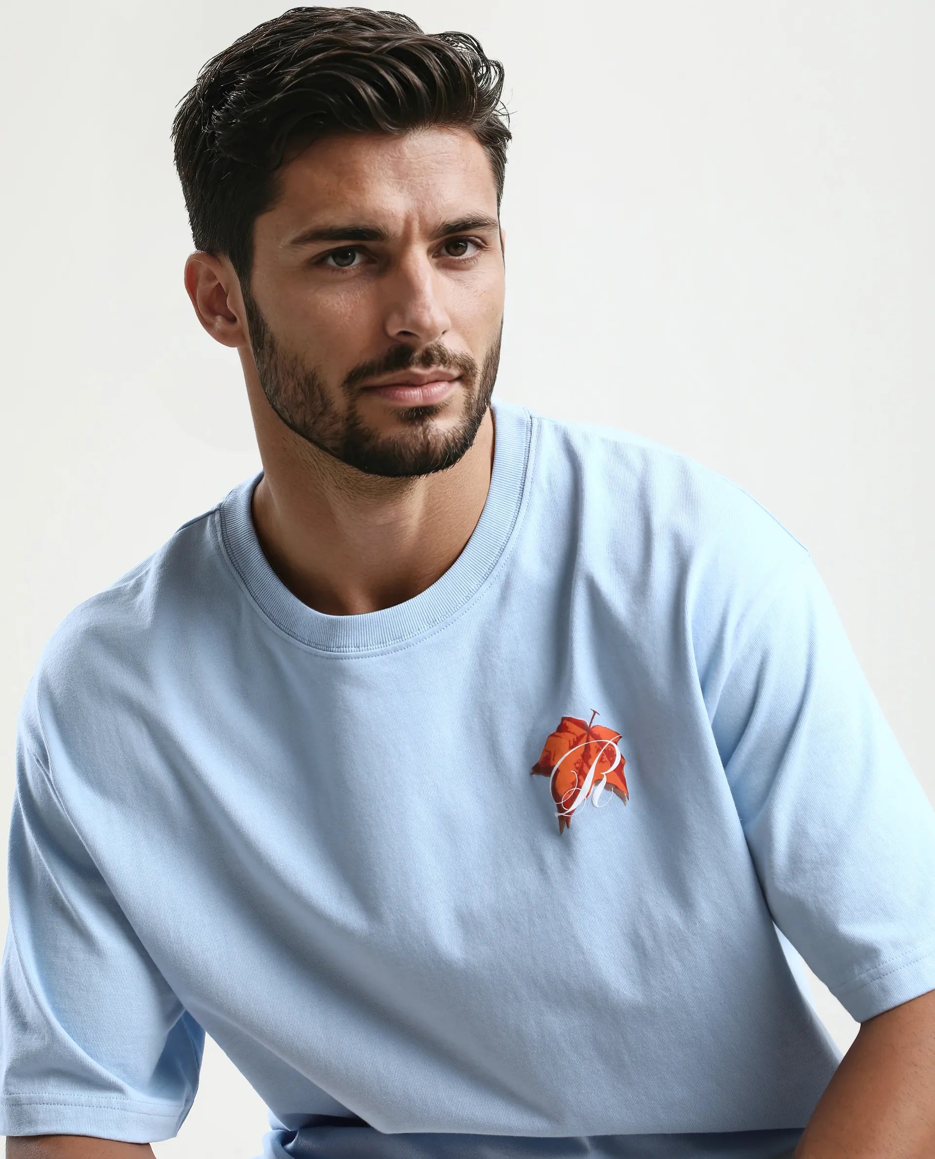 Rare Rabbit Men's Mapler Blue Cotton Graphic Print Oversized Fit Half Sleeve Crew Neck T-Shirt