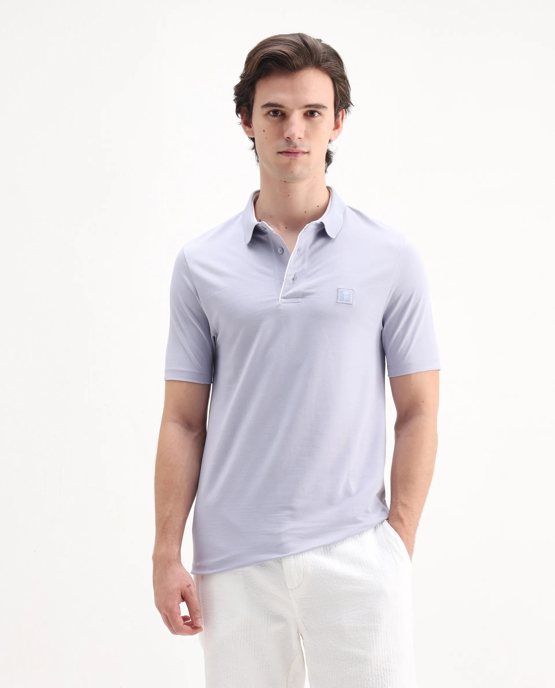 Rare Rabbit Men's Maq Pastel Purple Cotton Plain Regular Fit Half Sleeve Polo