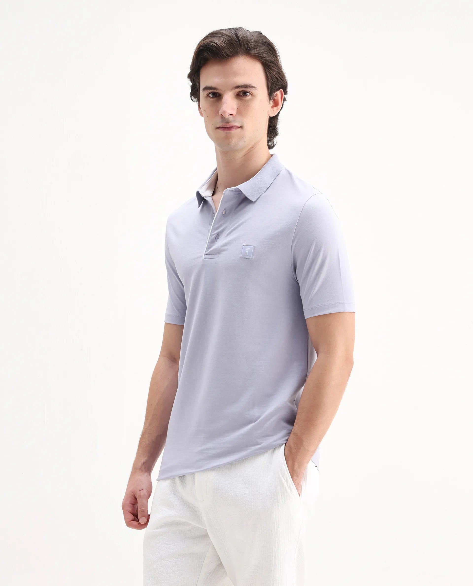 Rare Rabbit Men's Maq Pastel Purple Cotton Plain Regular Fit Half Sleeve Polo