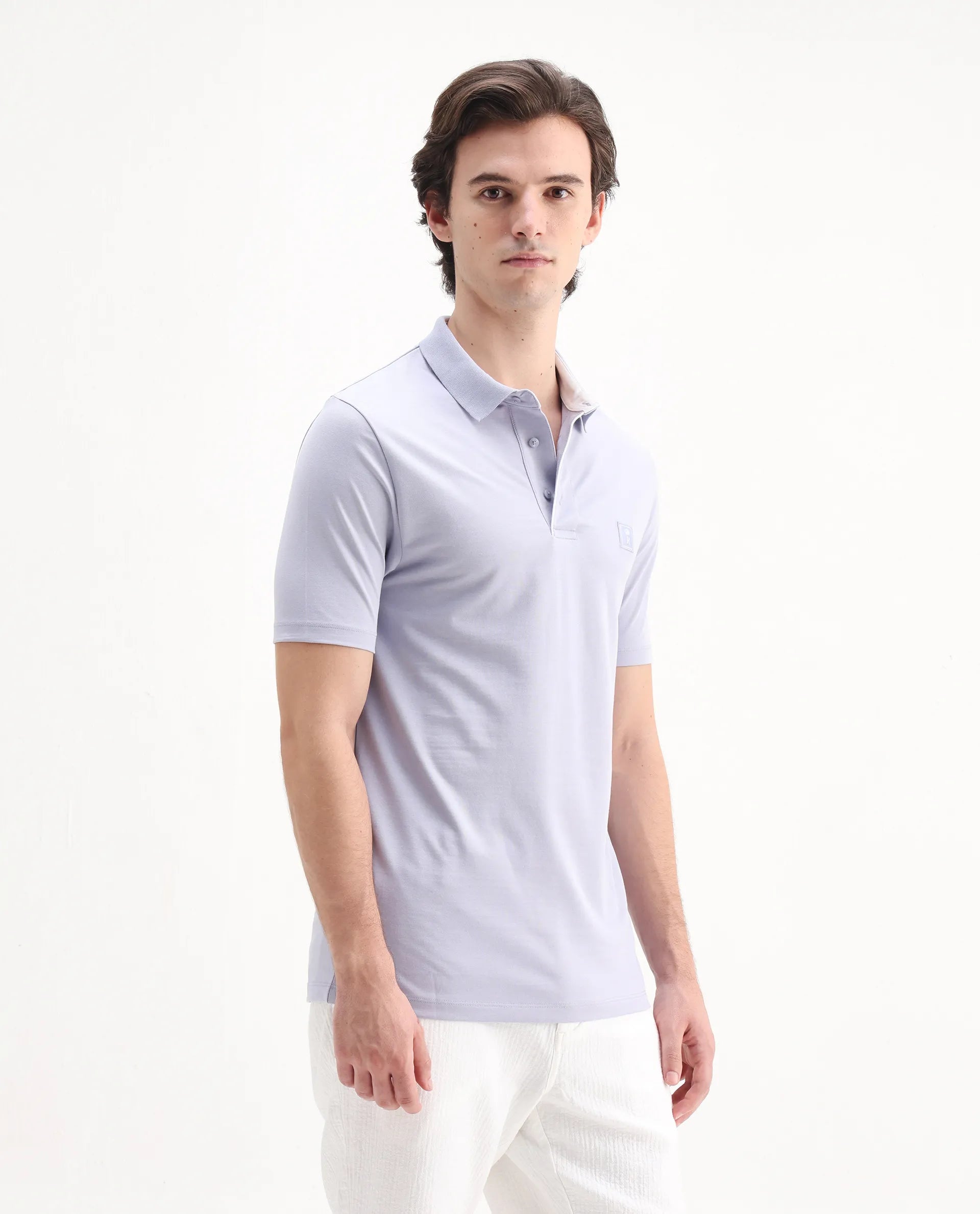 Rare Rabbit Men's Maq Pastel Purple Cotton Plain Regular Fit Half Sleeve Polo