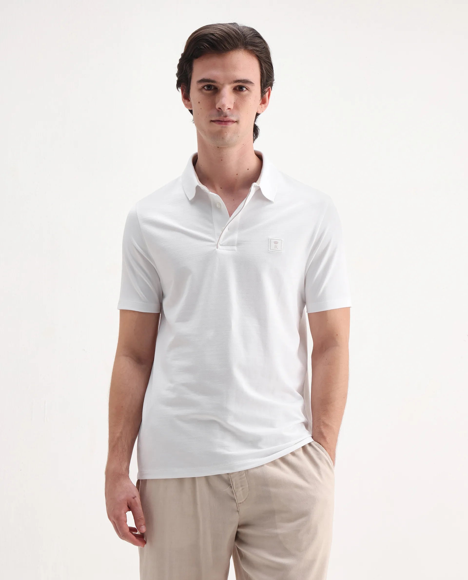 Rare Rabbit Men's Maq White Cotton Plain Regular Fit Half Sleeve Polo