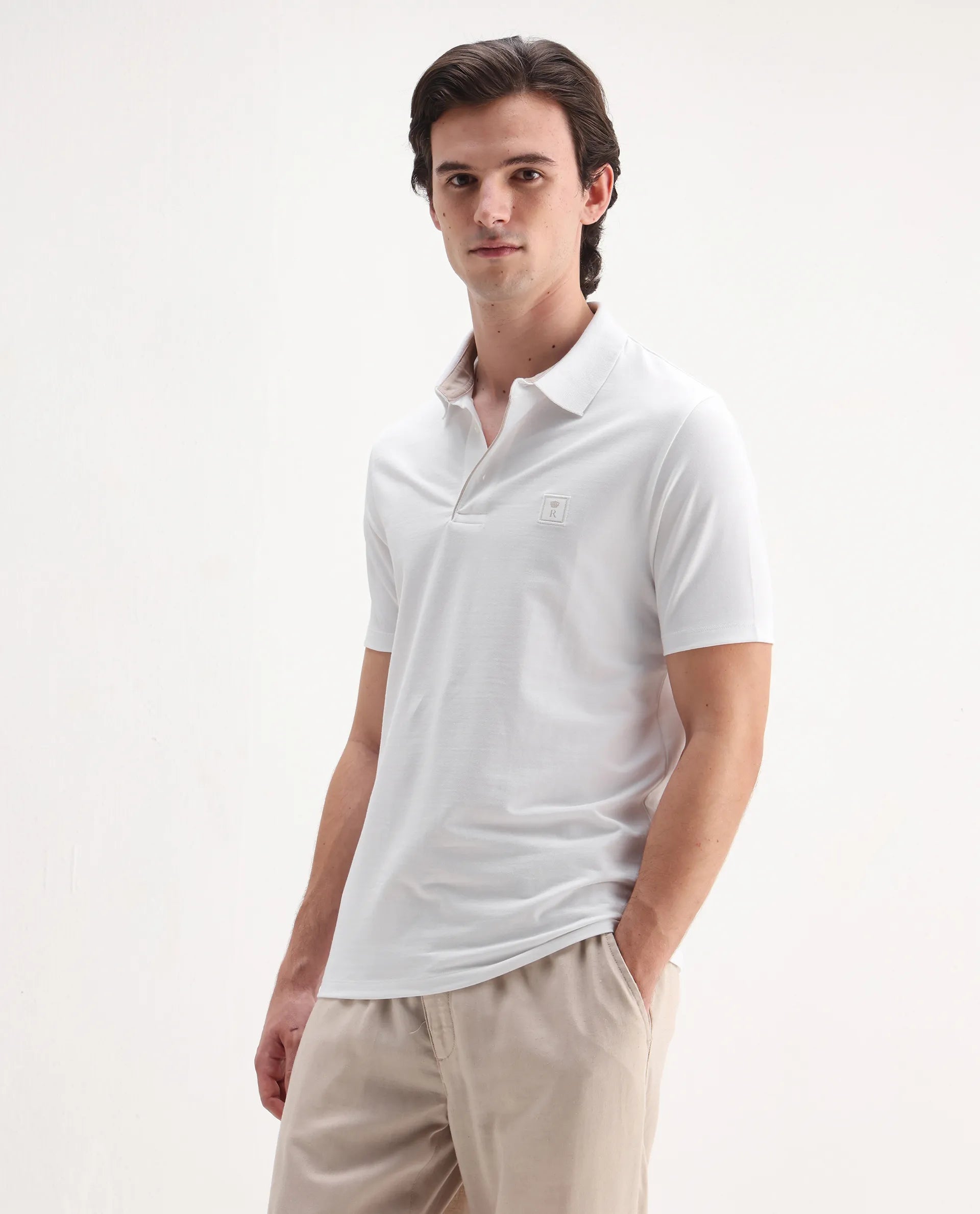 Rare Rabbit Men's Maq White Cotton Plain Regular Fit Half Sleeve Polo