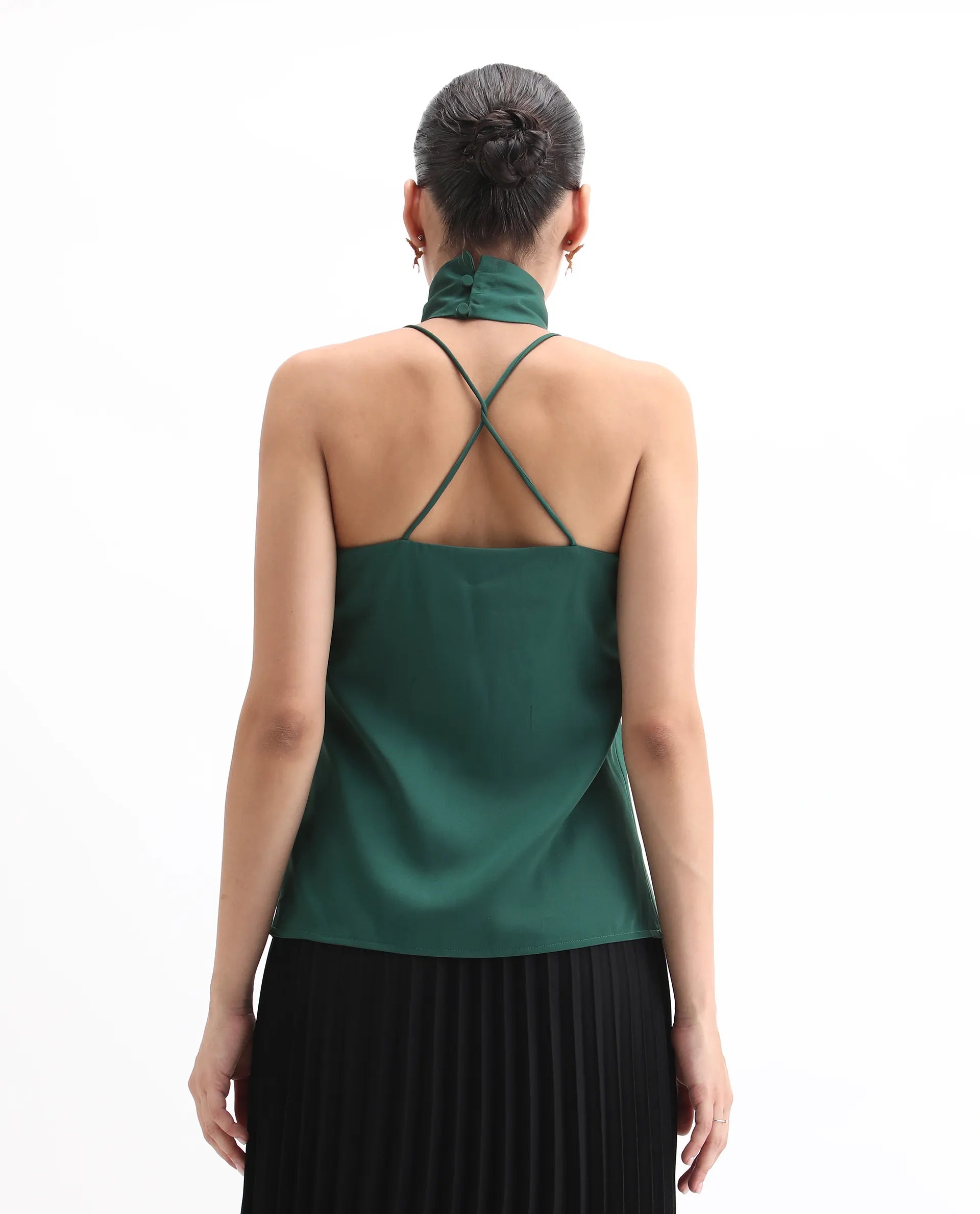 Rareism Women's Marano Olive Polyester Cowl Neck Plain Shoulder Strap Regular Fit Top