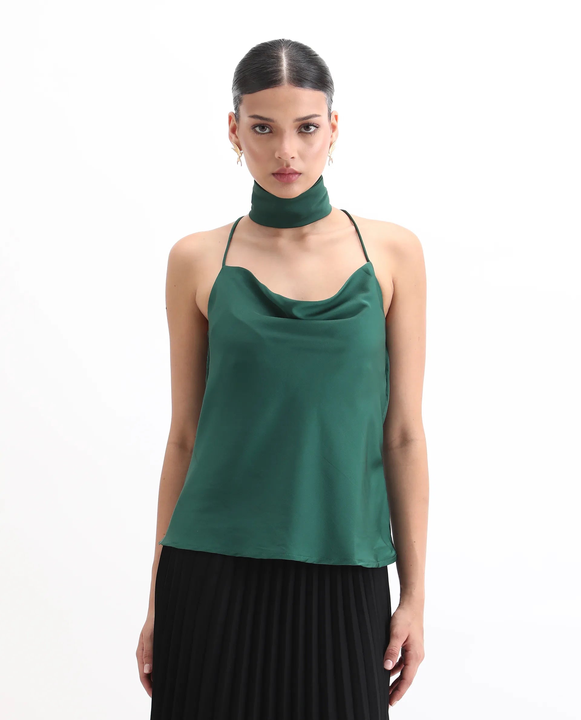 Rareism Women's Marano Olive Polyester Cowl Neck Plain Shoulder Strap Regular Fit Top