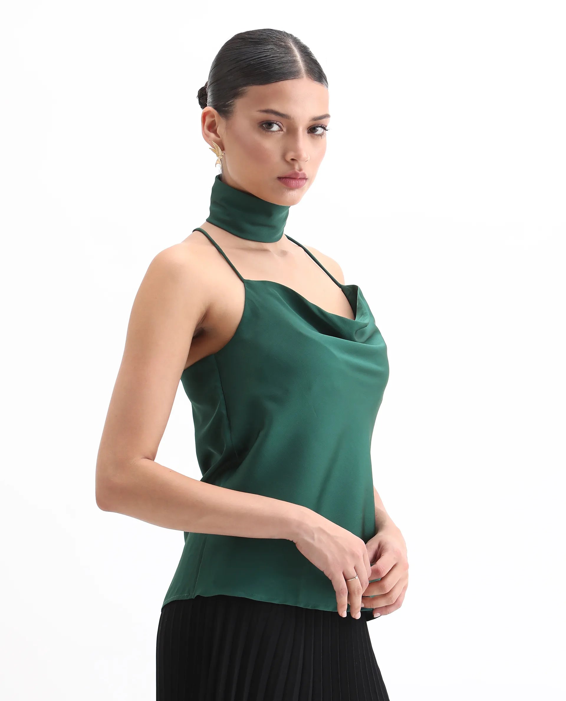 Rareism Women's Marano Olive Polyester Cowl Neck Plain Shoulder Strap Regular Fit Top