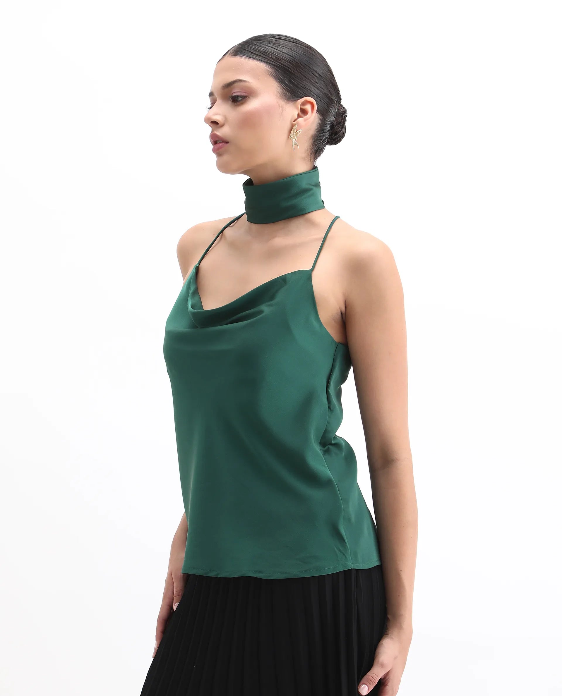 Rareism Women's Marano Olive Polyester Cowl Neck Plain Shoulder Strap Regular Fit Top