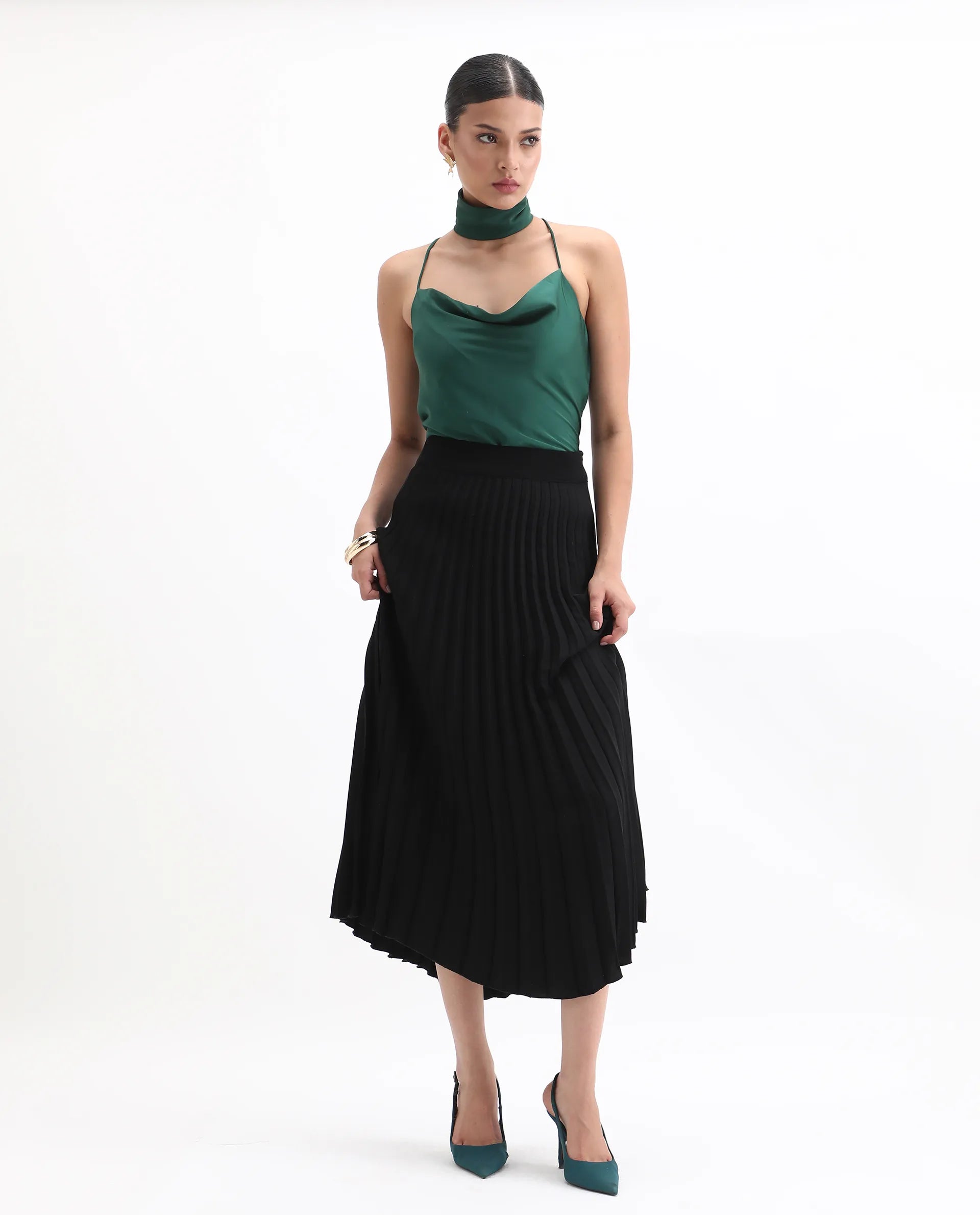 Rareism Women's Marano Olive Polyester Cowl Neck Plain Shoulder Strap Regular Fit Top