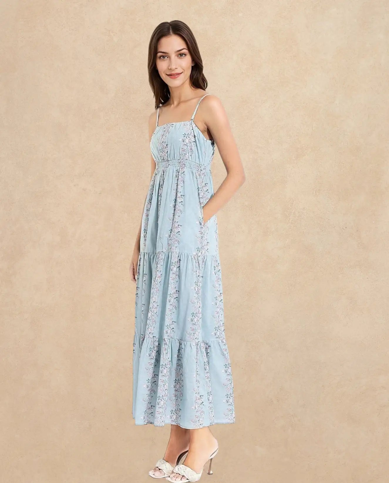 Rareism Women Marantt Dusky Blue Shoulder Straps Tube Neck Fit And Flare Floral Print Maxi Dress