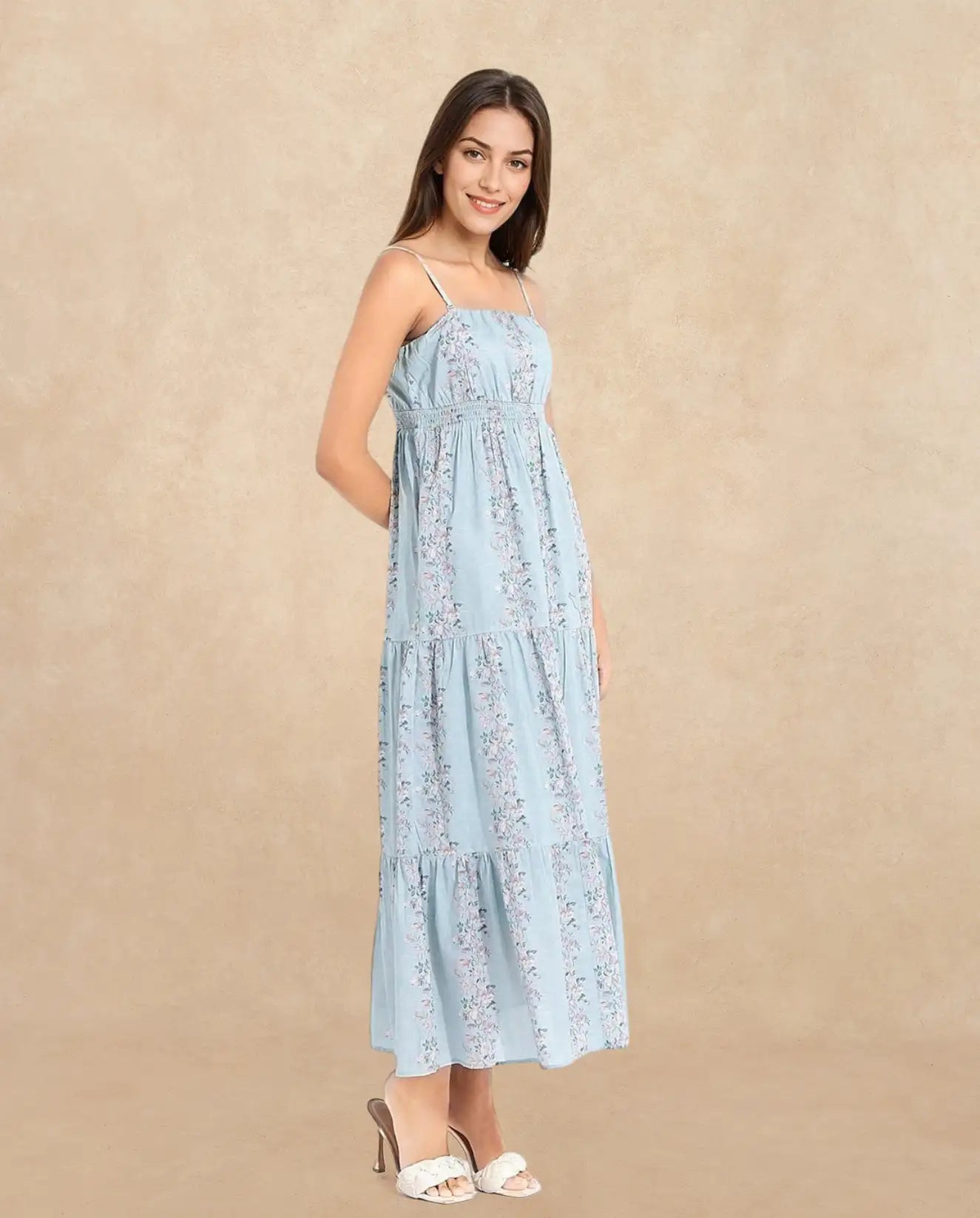 Rareism Women Marantt Dusky Blue Shoulder Straps Tube Neck Fit And Flare Floral Print Maxi Dress