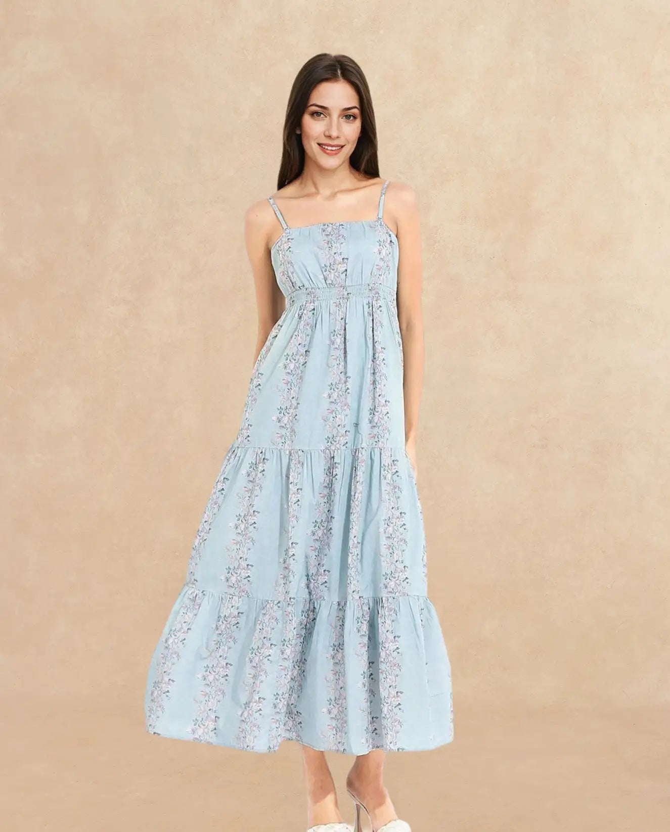 Rareism Women Marantt Dusky Blue Shoulder Straps Tube Neck Fit And Flare Floral Print Maxi Dress