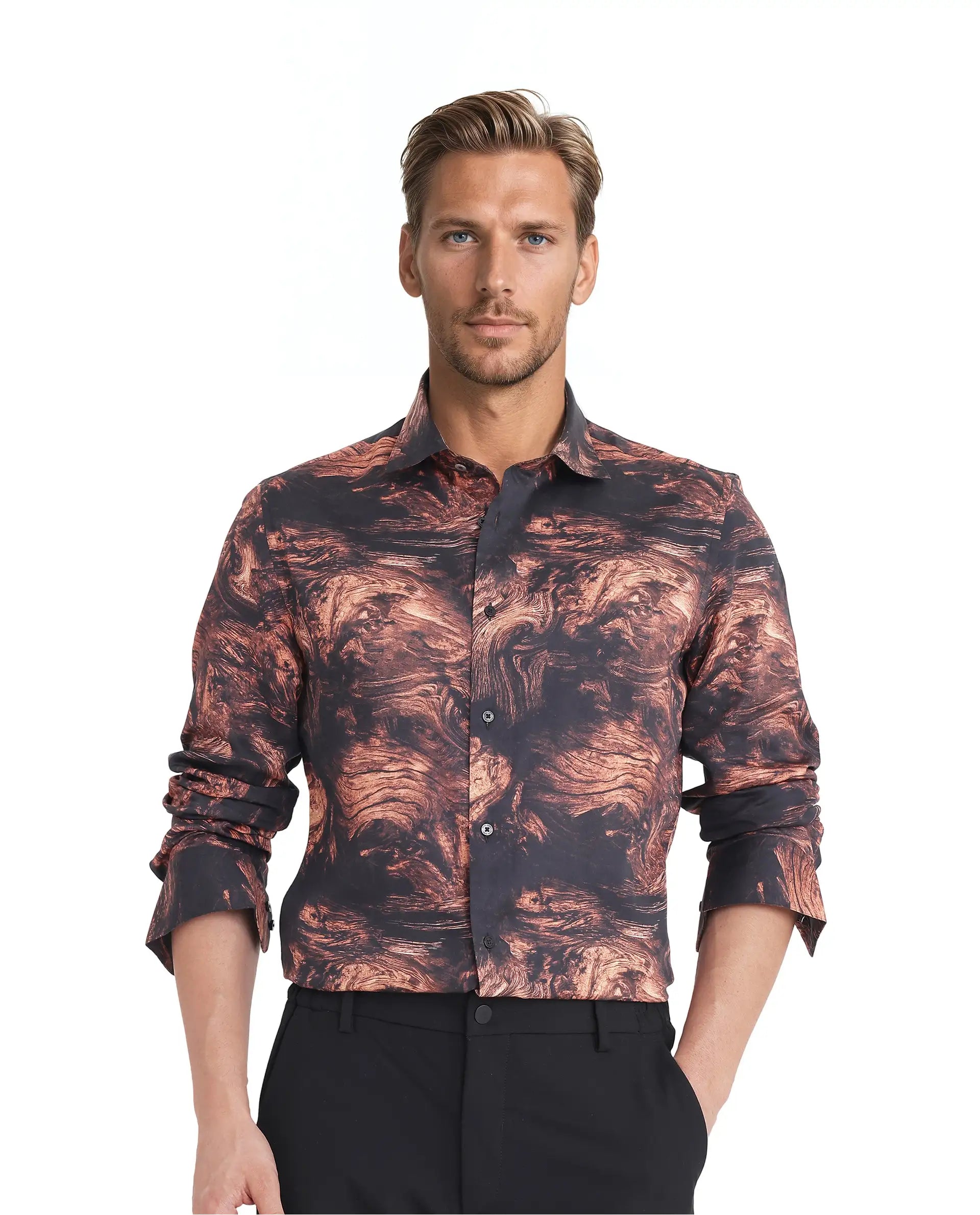 Rare Rabbit Men Marb Black Cotton Modal and Satin Blend Fabric Relaxed Fit Full Sleeve Regular Collared Button Closure Abstract Print Shirt