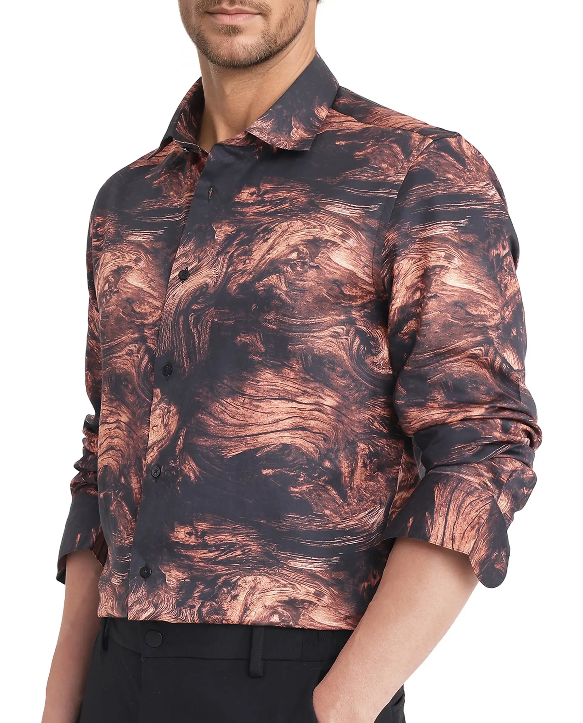 Rare Rabbit Men Marb Black Cotton Modal and Satin Blend Fabric Relaxed Fit Full Sleeve Regular Collared Button Closure Abstract Print Shirt