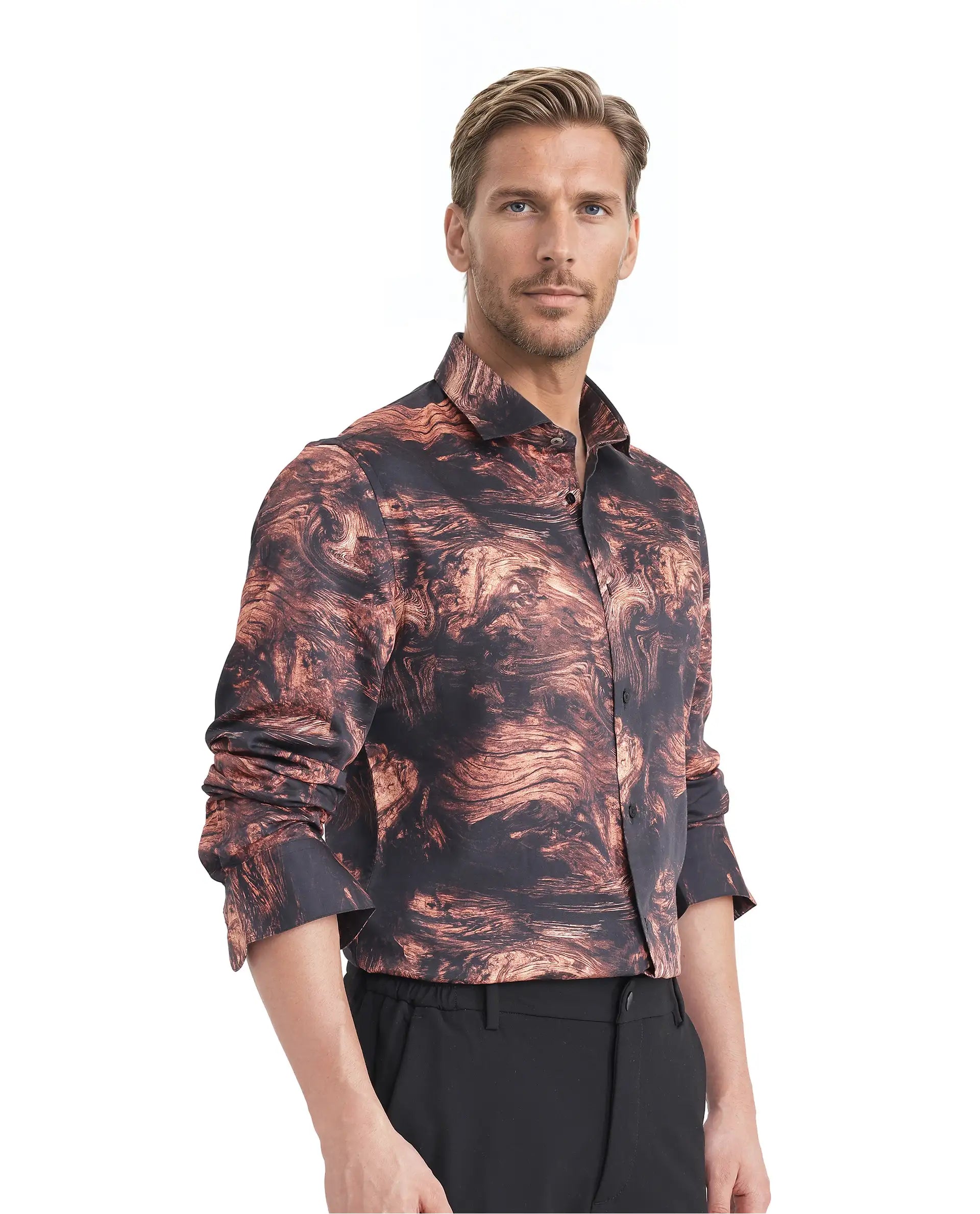 Rare Rabbit Men Marb Black Cotton Modal and Satin Blend Fabric Relaxed Fit Full Sleeve Regular Collared Button Closure Abstract Print Shirt