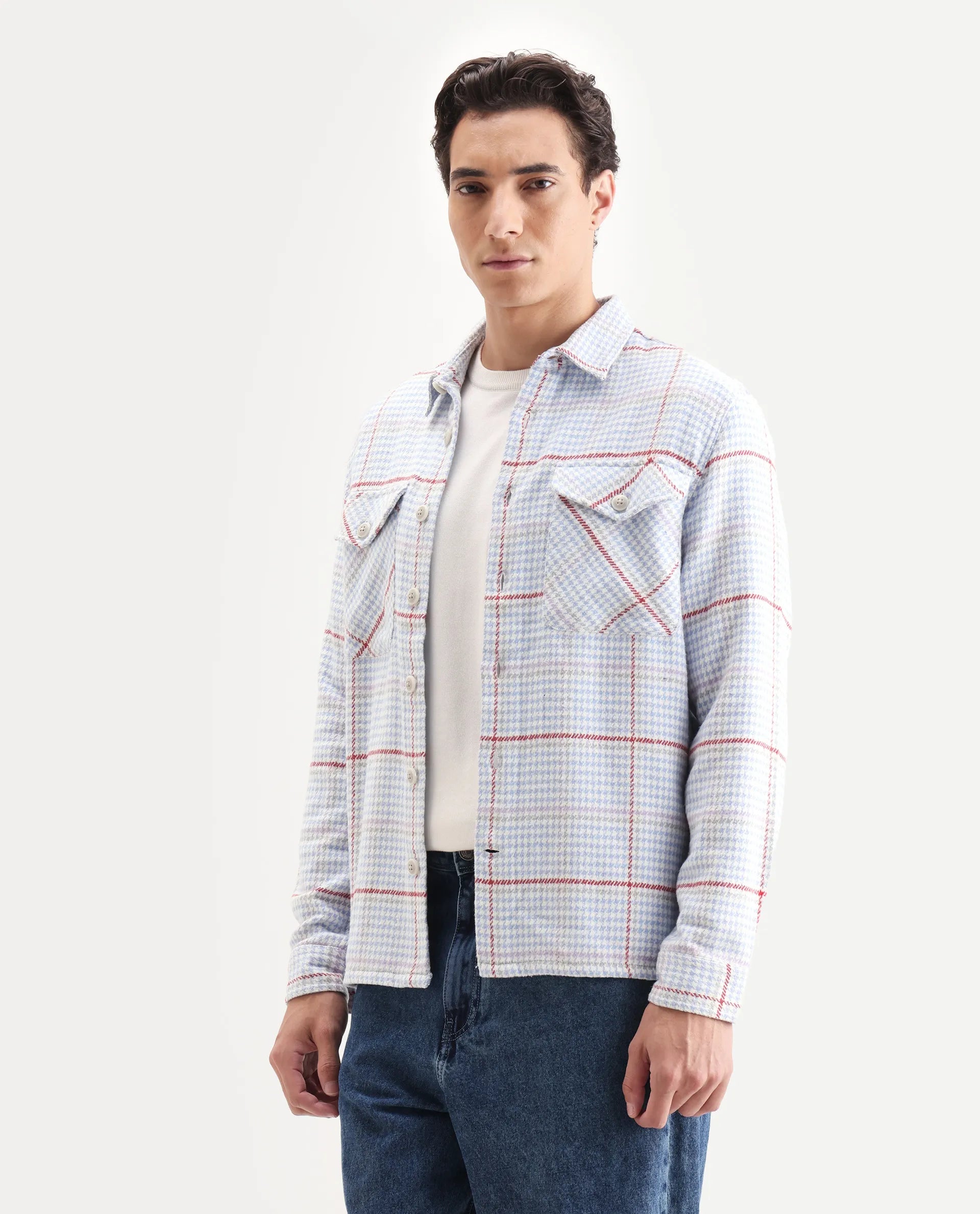 Rare Rabbit Men's Marcella Light Blue Cotton Checked Print Relaxed Fit Full Sleeve Collared Shacket