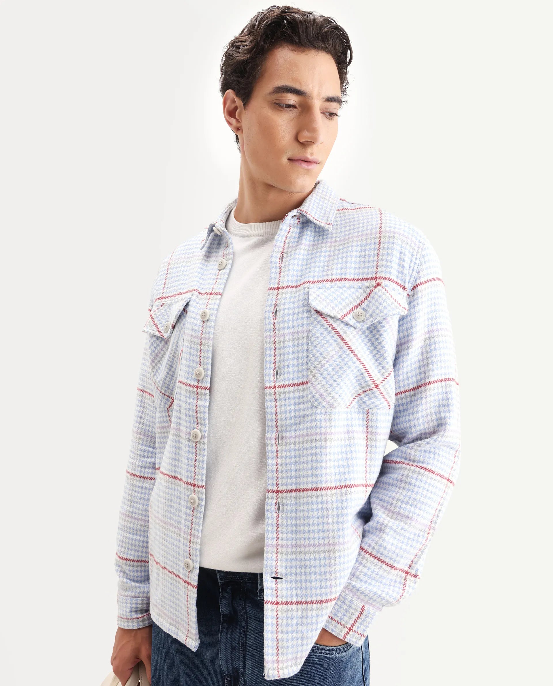 Rare Rabbit Men's Marcella Light Blue Cotton Checked Print Relaxed Fit Full Sleeve Collared Shacket