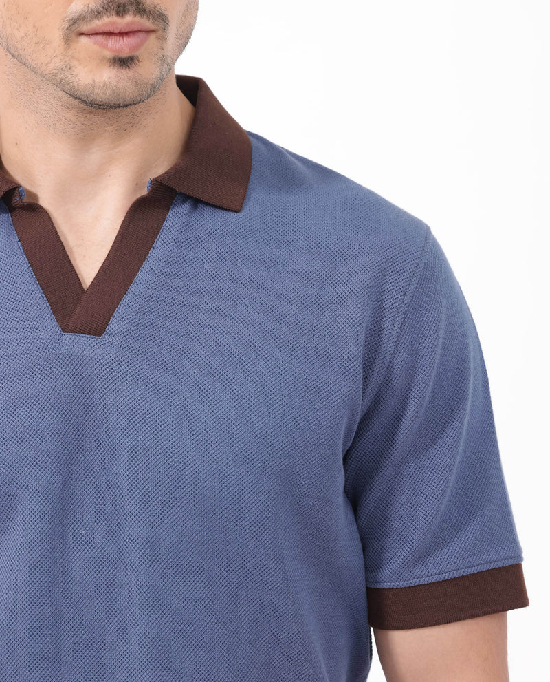 Rare Rabbit Mens Marcelo Blue Short Sleeve Cotton Fabric Contrasting Johnny Collar Solid Polo