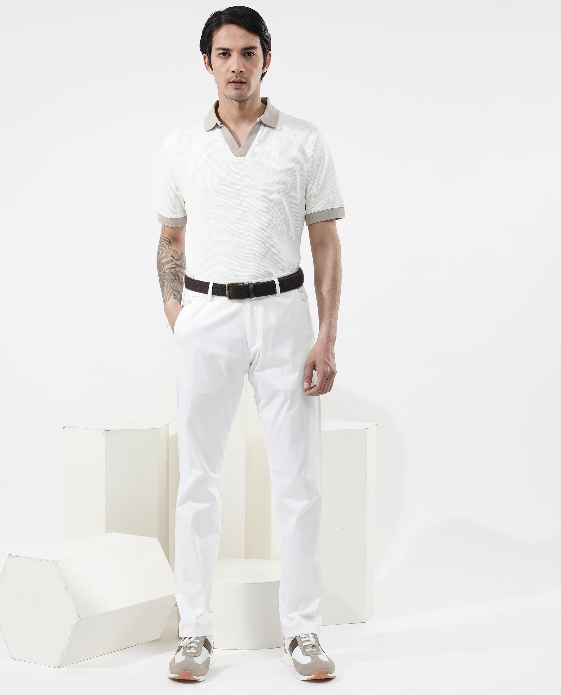 Rare Rabbit Mens Marcelo Off White Cotton Fabric Contrasting Johnny Collar Short Sleeve Solid Polo T-Shirt