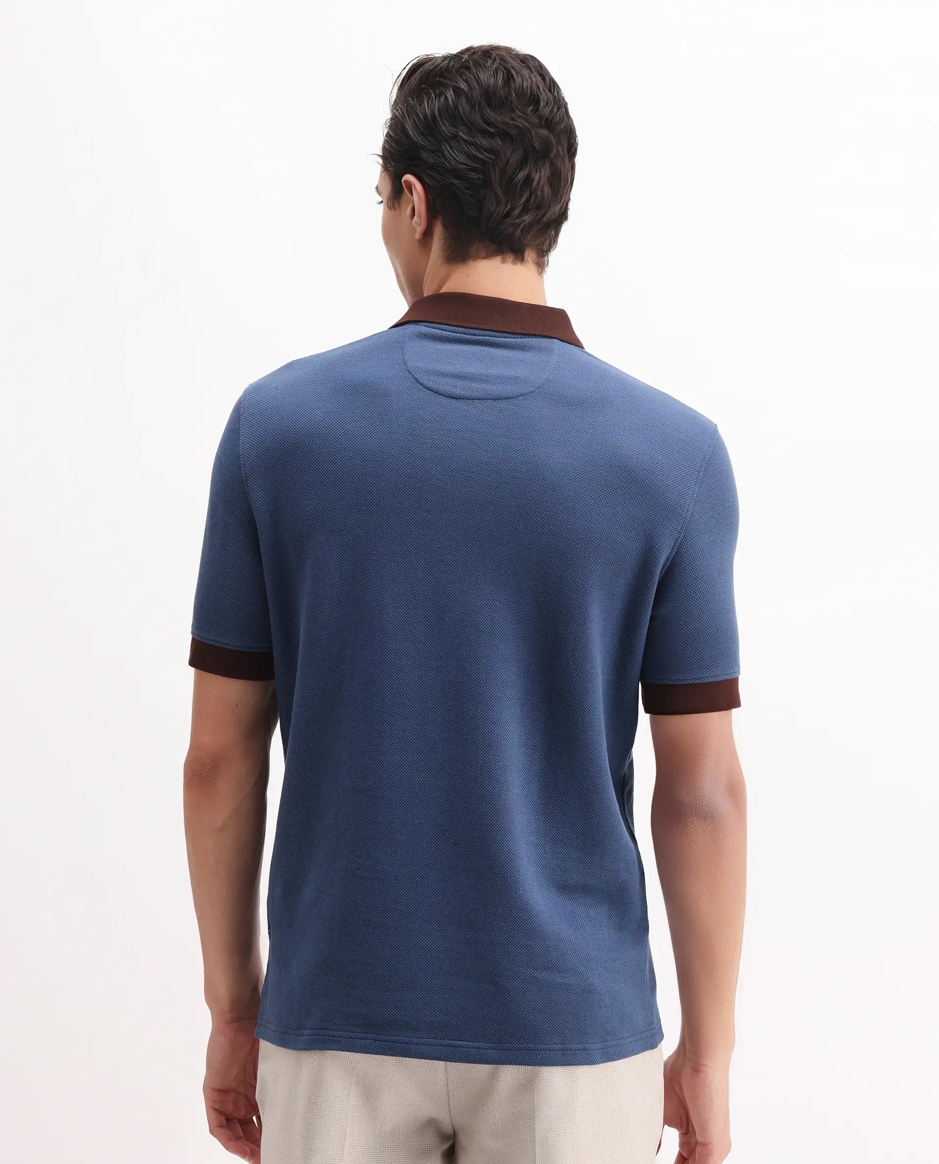 Rare Rabbit Men's Marcelo Blue Cotton Blend Plain Regular Fit Half Sleeve Polo