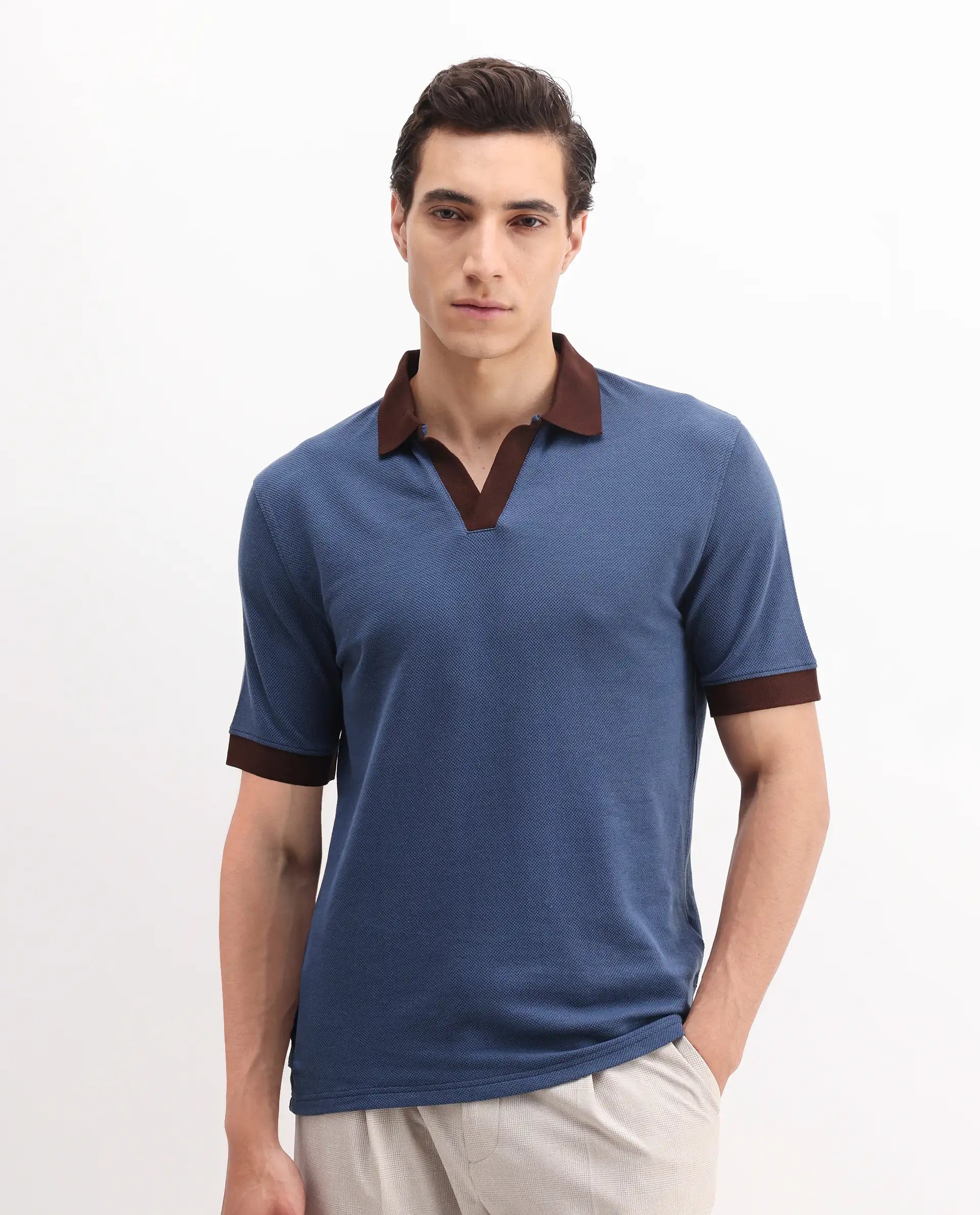 Rare Rabbit Men's Marcelo Blue Cotton Blend Plain Regular Fit Half Sleeve Polo