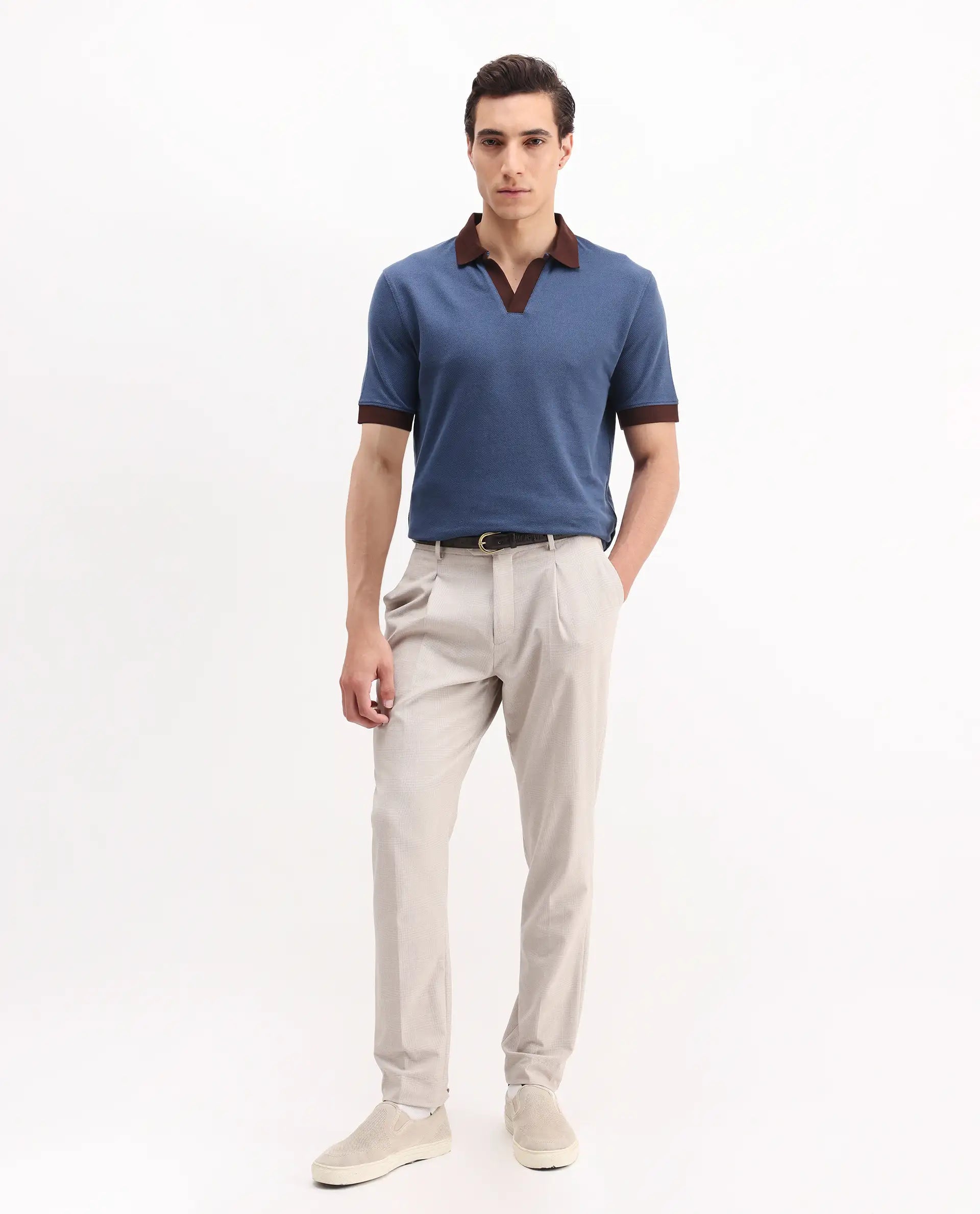 Rare Rabbit Men's Marcelo Blue Cotton Blend Plain Regular Fit Half Sleeve Polo