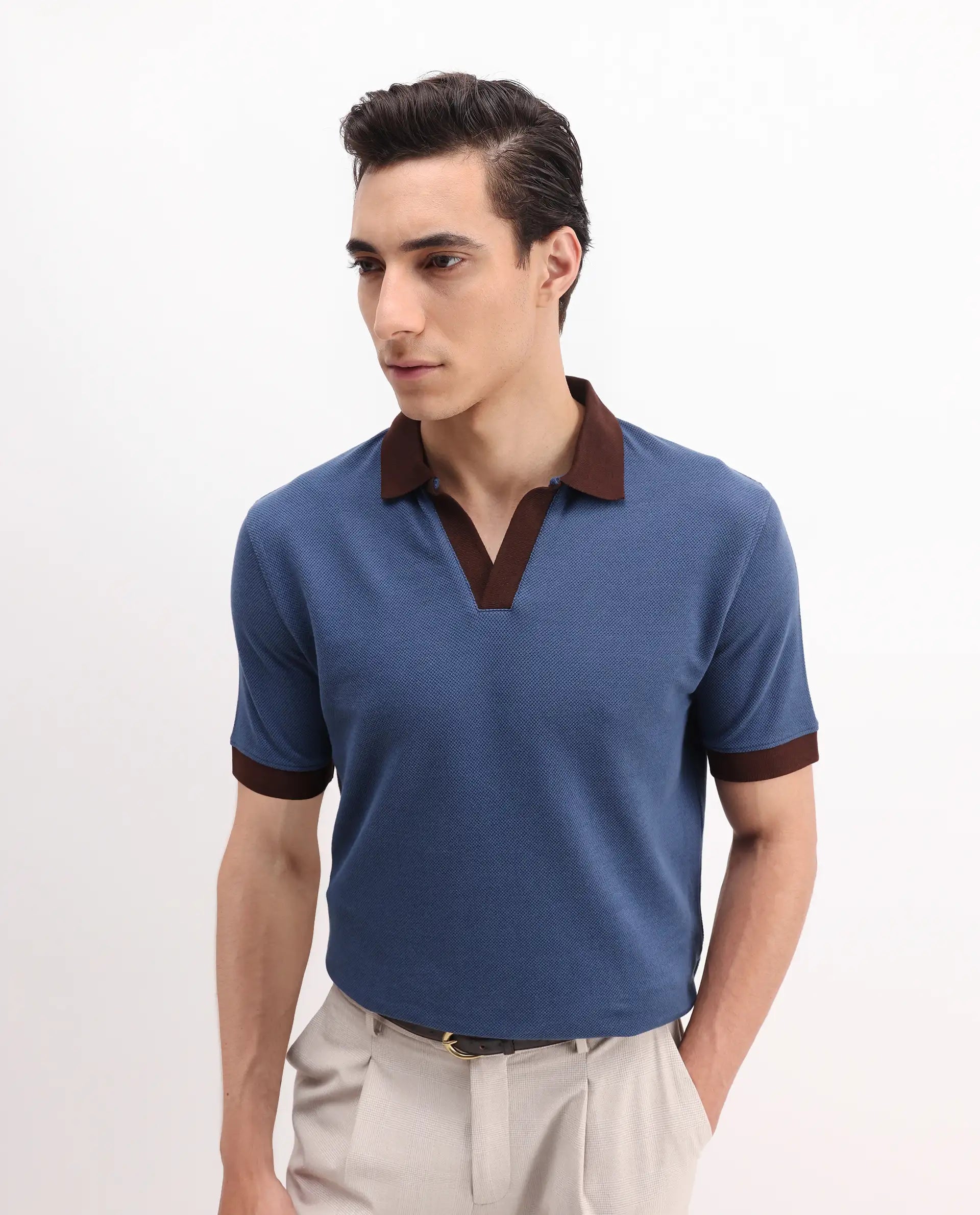 Rare Rabbit Men's Marcelo Blue Cotton Blend Plain Regular Fit Half Sleeve Polo