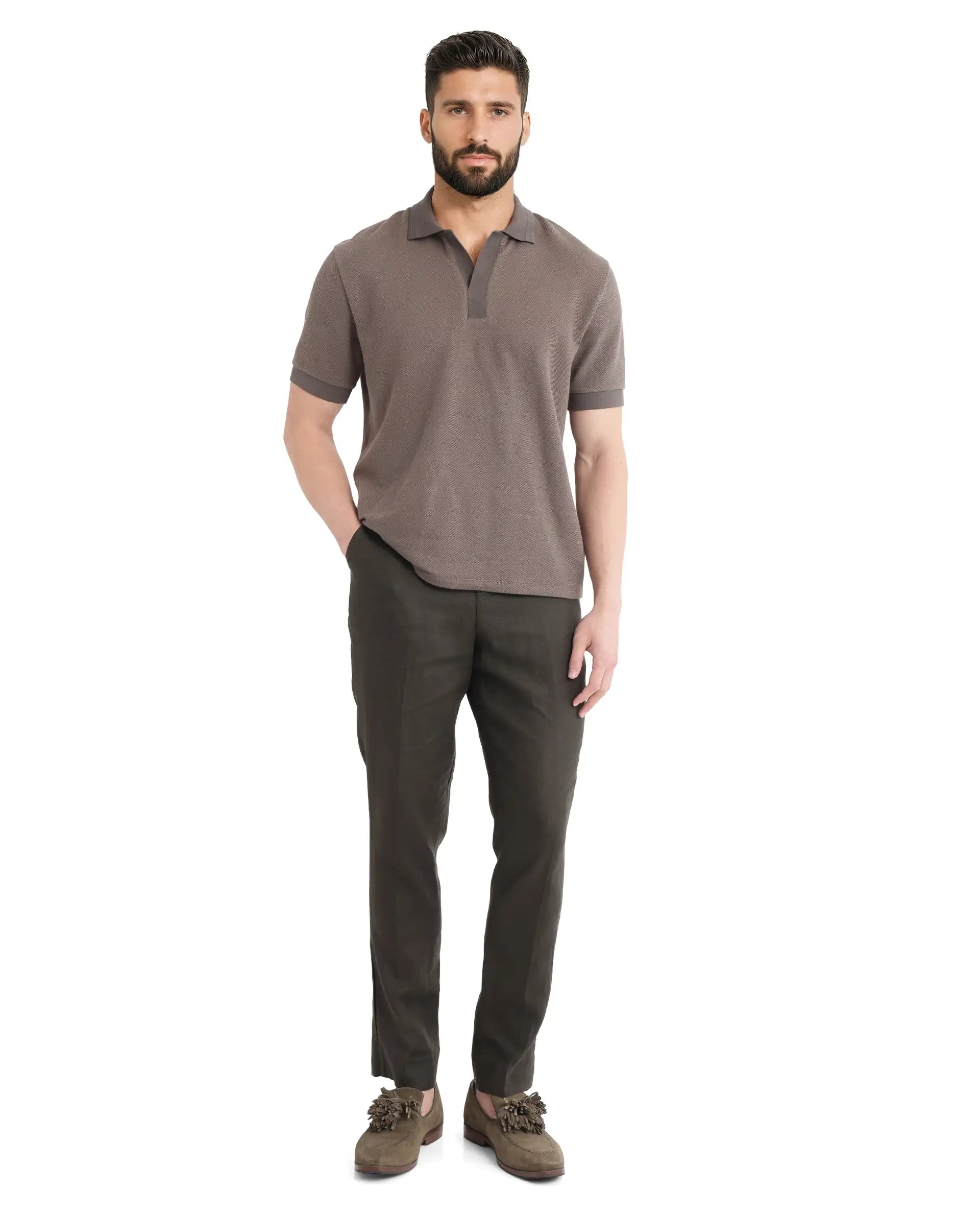 Rare Rabbit Men Marcelon Dusky Olive Cotton Poly Fabric Short Sleeve Johnny Collared Jacquard Polo