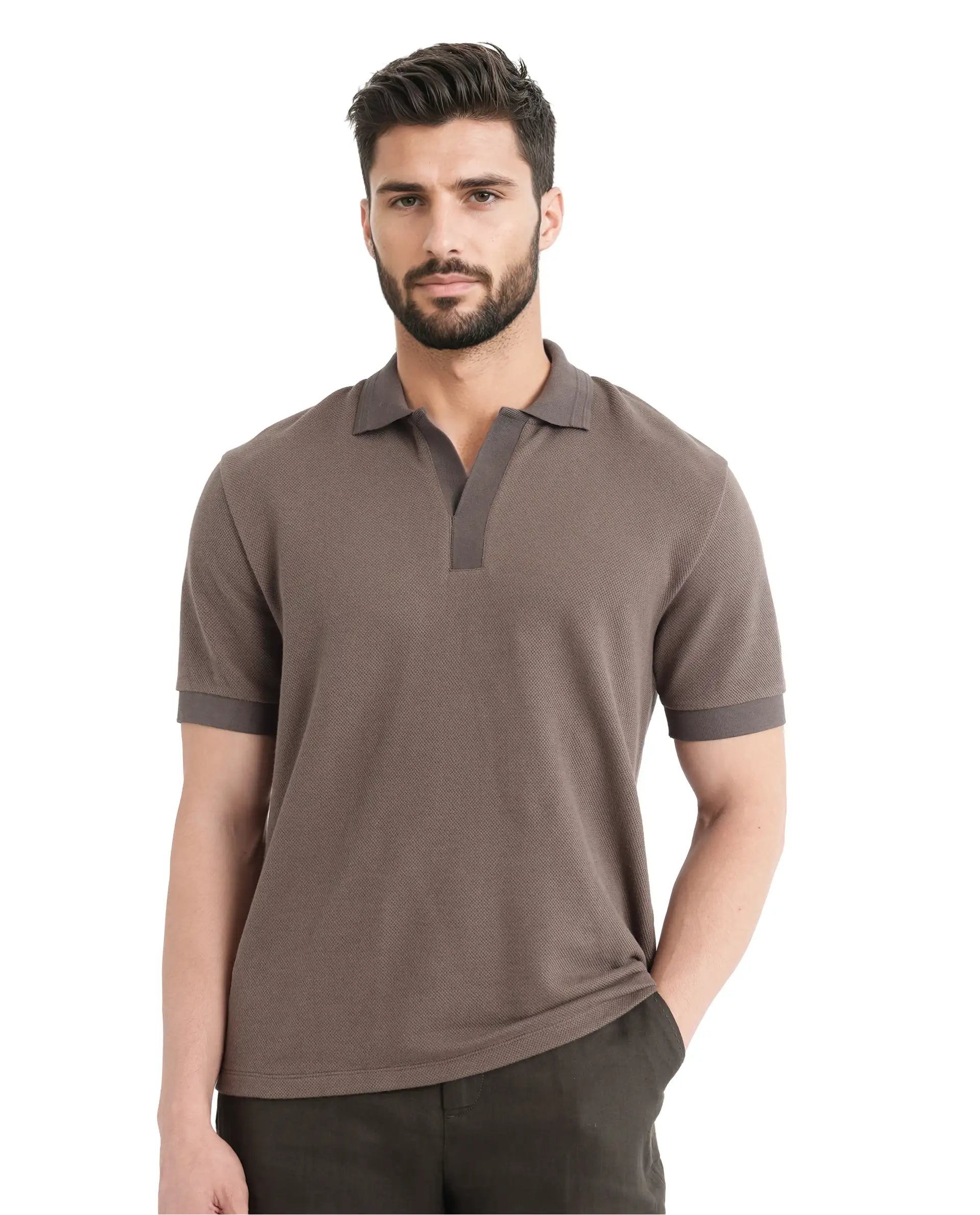 Rare Rabbit Men Marcelon Dusky Olive Cotton Poly Fabric Short Sleeve Johnny Collared Jacquard Polo