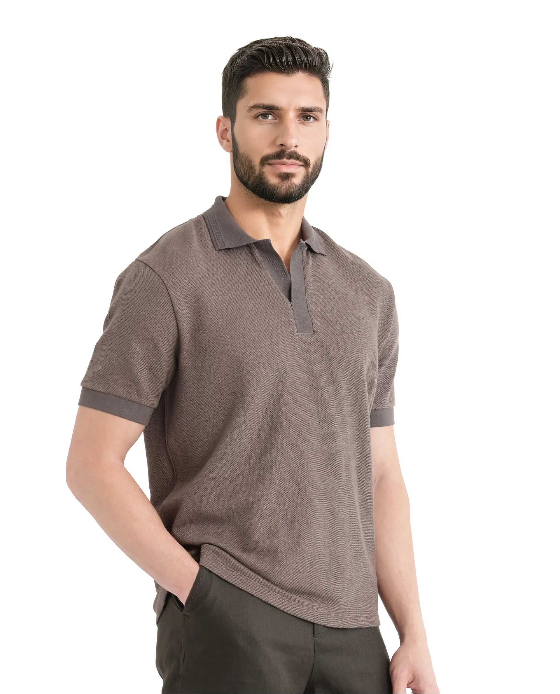 Rare Rabbit Men Marcelon Dusky Olive Cotton Poly Fabric Short Sleeve Johnny Collared Jacquard Polo