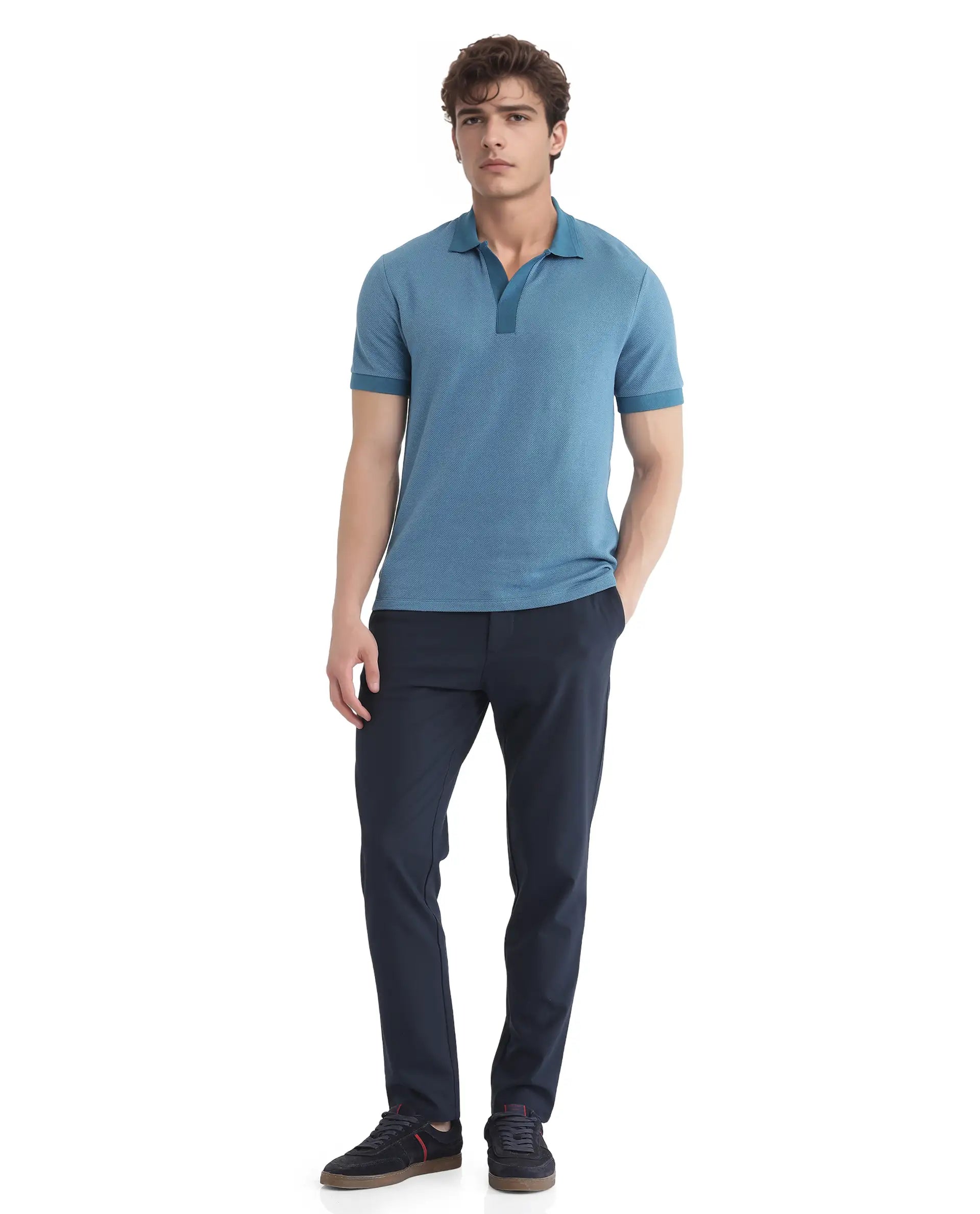 Rare Rabbit Men Marcelon Teal Cotton Poly Fabric Short Sleeve Johnny Collared Jacquard Polo