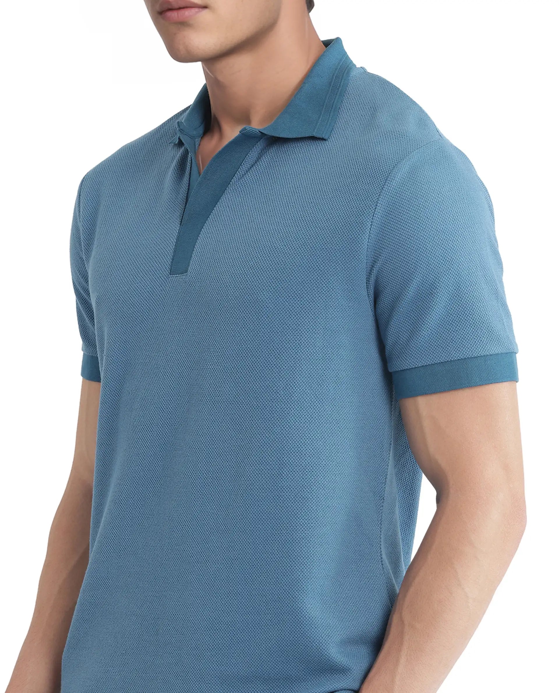 Rare Rabbit Men Marcelon Teal Cotton Poly Fabric Short Sleeve Johnny Collared Jacquard Polo