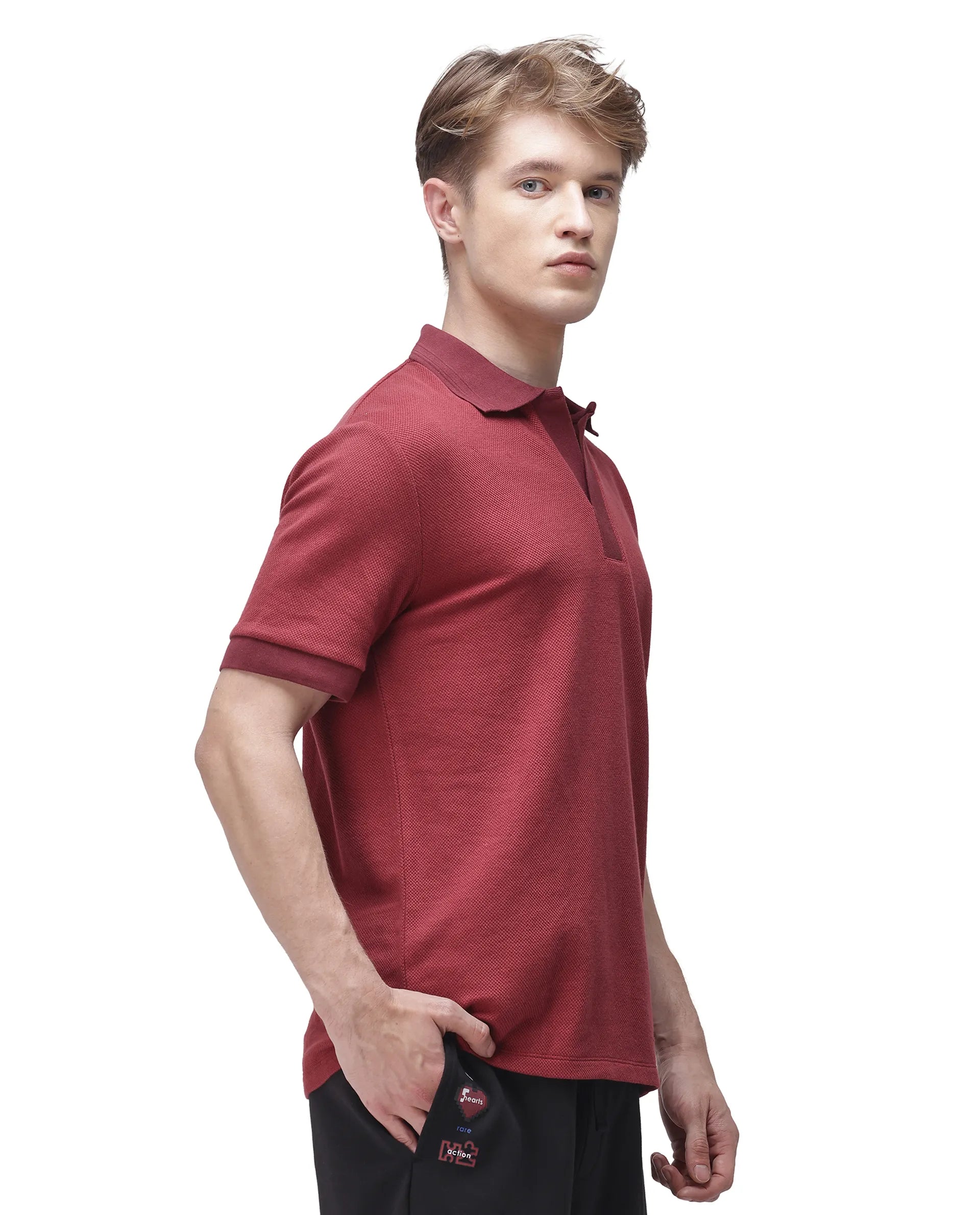 Rare Rabbit Men's Marcelon Red Cotton Blend Jacquard Regular Fit Half Sleeve Polo