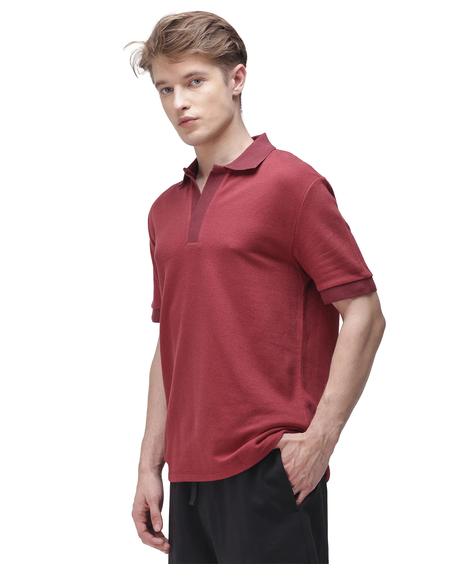 Rare Rabbit Men's Marcelon Red Cotton Blend Jacquard Regular Fit Half Sleeve Polo