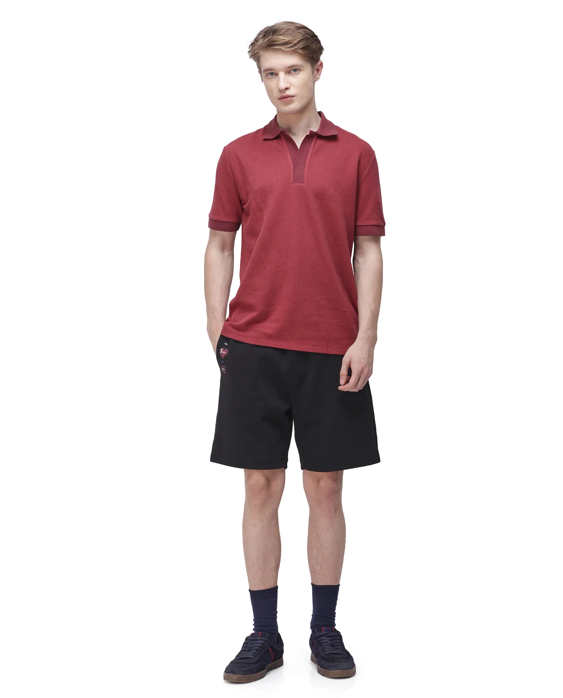 Rare Rabbit Men's Marcelon Red Cotton Blend Jacquard Regular Fit Half Sleeve Polo