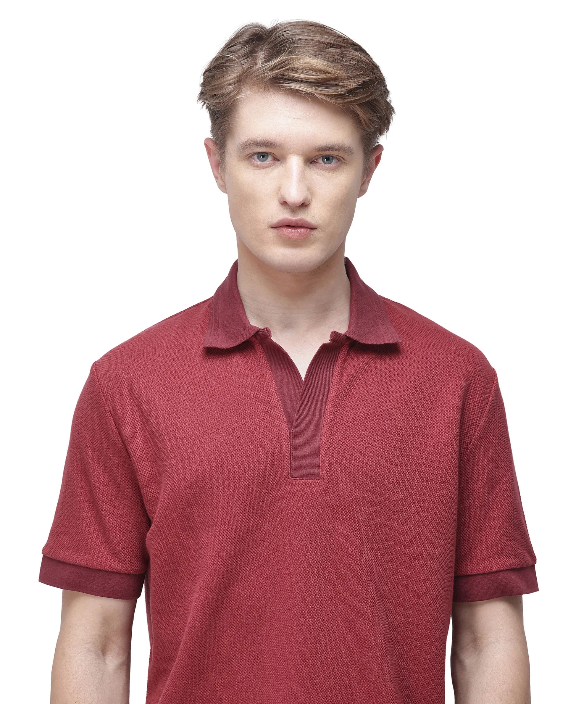 Rare Rabbit Men's Marcelon Red Cotton Blend Jacquard Regular Fit Half Sleeve Polo
