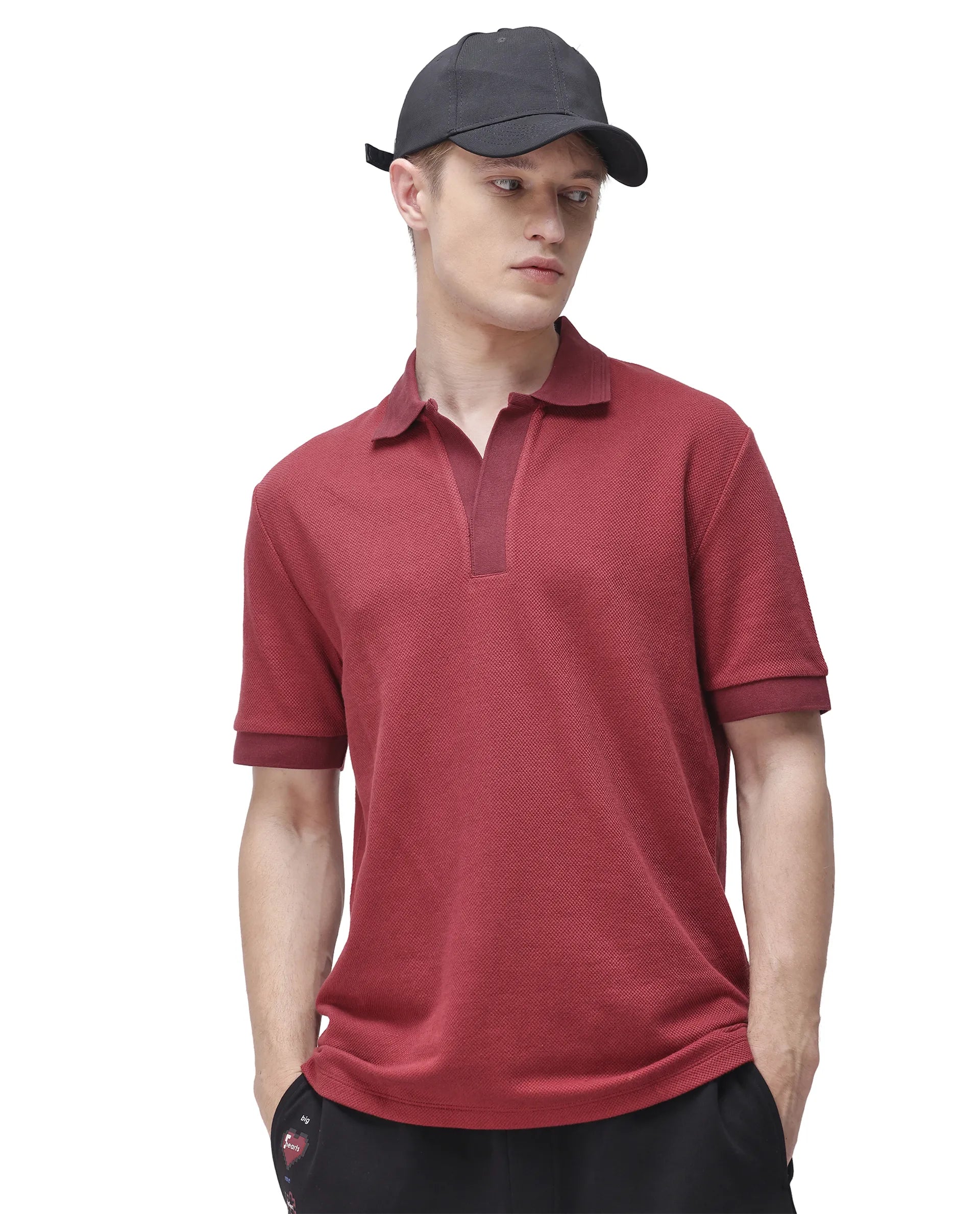 Rare Rabbit Men's Marcelon Red Cotton Blend Jacquard Regular Fit Half Sleeve Polo