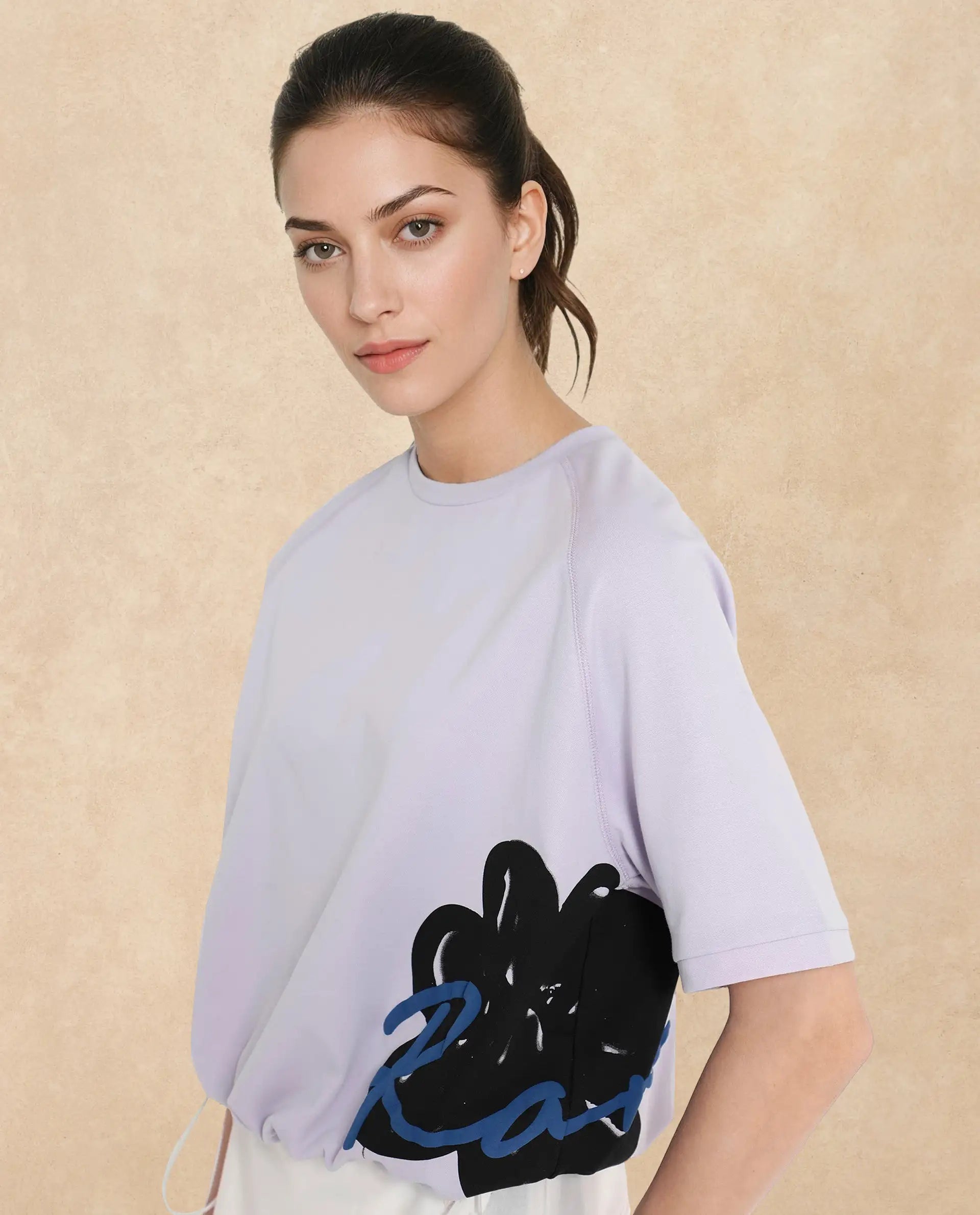 Rareism Women Marco Pastel Purple Cotton Lycra Fabric Short Sleeve Crew Neck Graphic Print T-Shirt