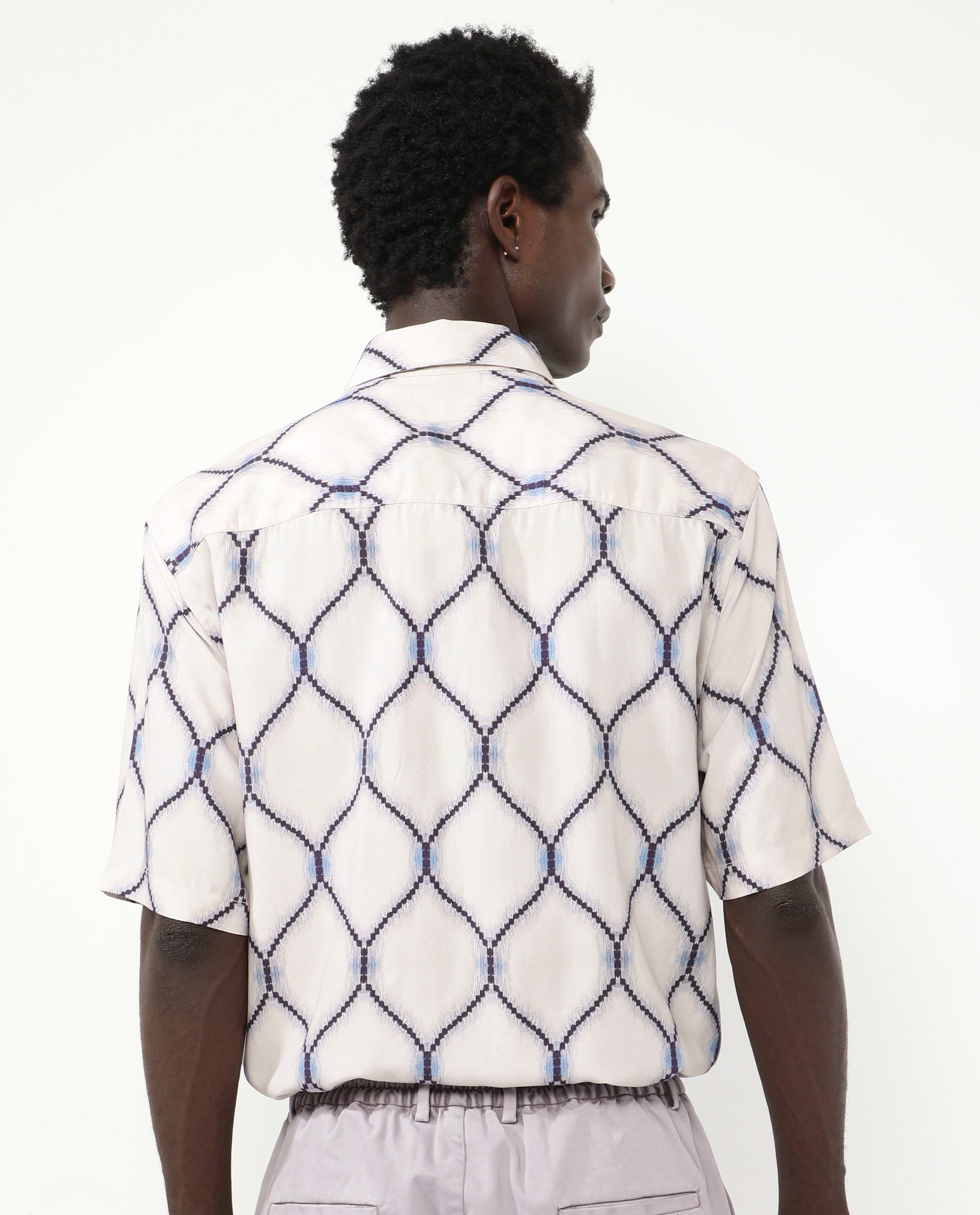 Rare Rabbit Men's Mareno Light Grey Viscose Fabric Short Sleeve Regular Collar Slim Fit Geometric Printed Shirt