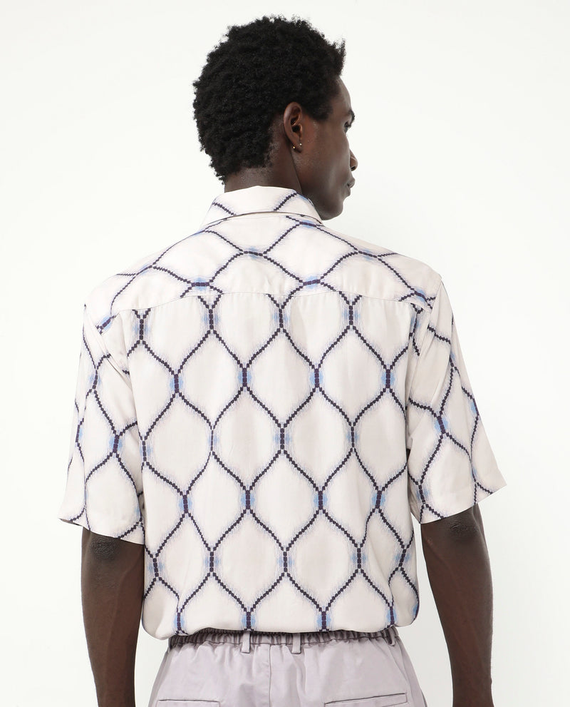 Rare Rabbit Men's Mareno Light Grey Viscose Fabric Short Sleeve Regular Collar Slim Fit Geometric Printed Shirt