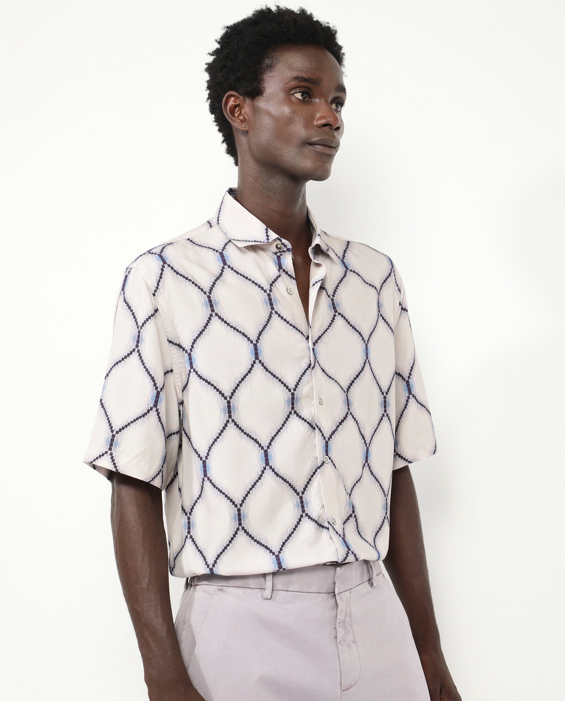 Rare Rabbit Men's Mareno Light Grey Viscose Fabric Short Sleeve Regular Collar Slim Fit Geometric Printed Shirt