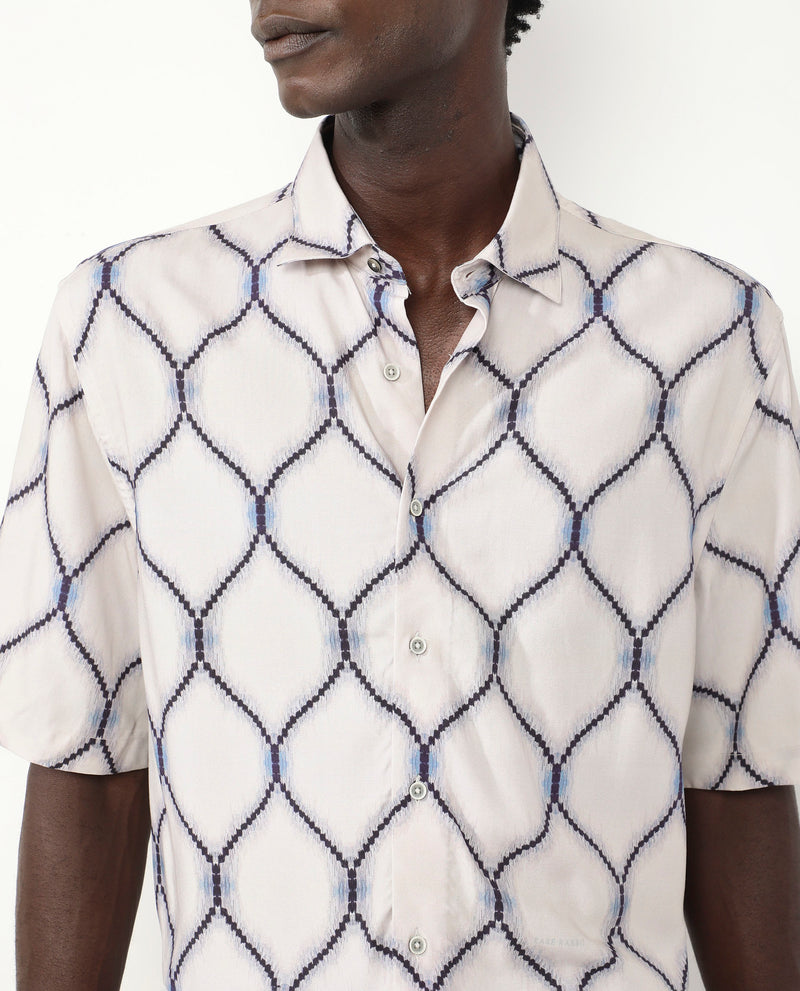 Rare Rabbit Men's Mareno Light Grey Viscose Fabric Short Sleeve Regular Collar Slim Fit Geometric Printed Shirt