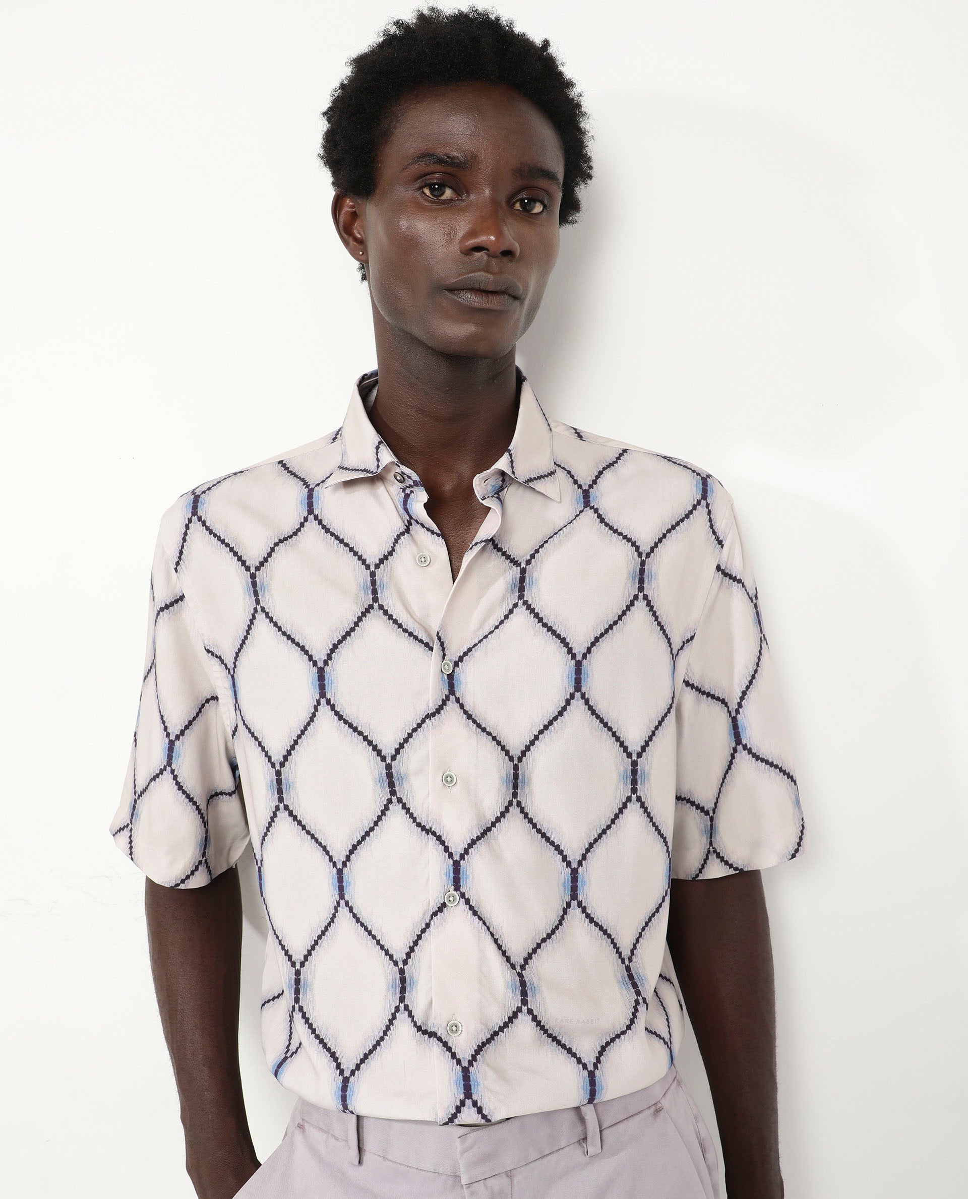 Rare Rabbit Men's Mareno Light Grey Viscose Fabric Short Sleeve Regular Collar Slim Fit Geometric Printed Shirt