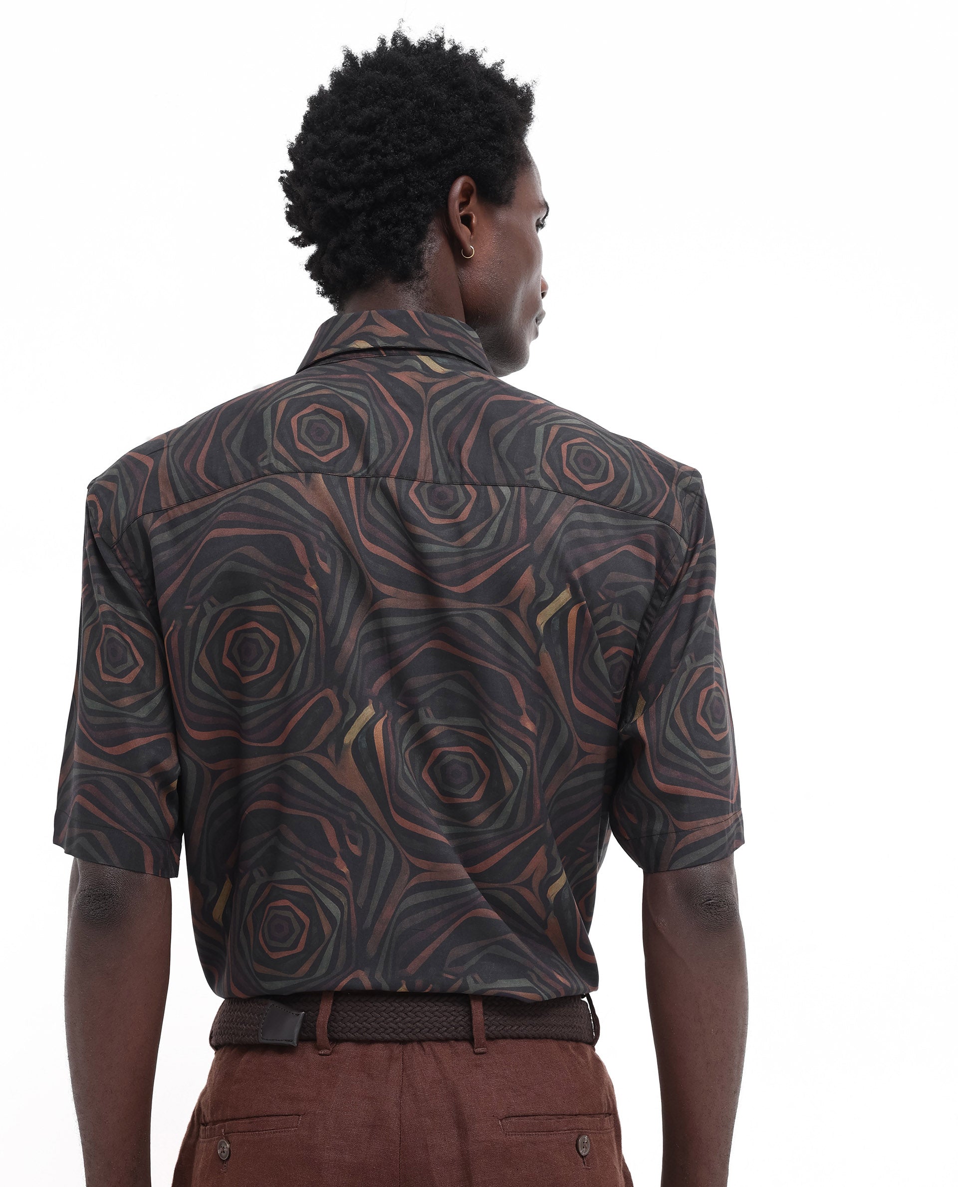 Rare Rabbit Men's Marfik Black Viscose Fabric Short Sleeve Boxy Fit Abstract Print Shirt