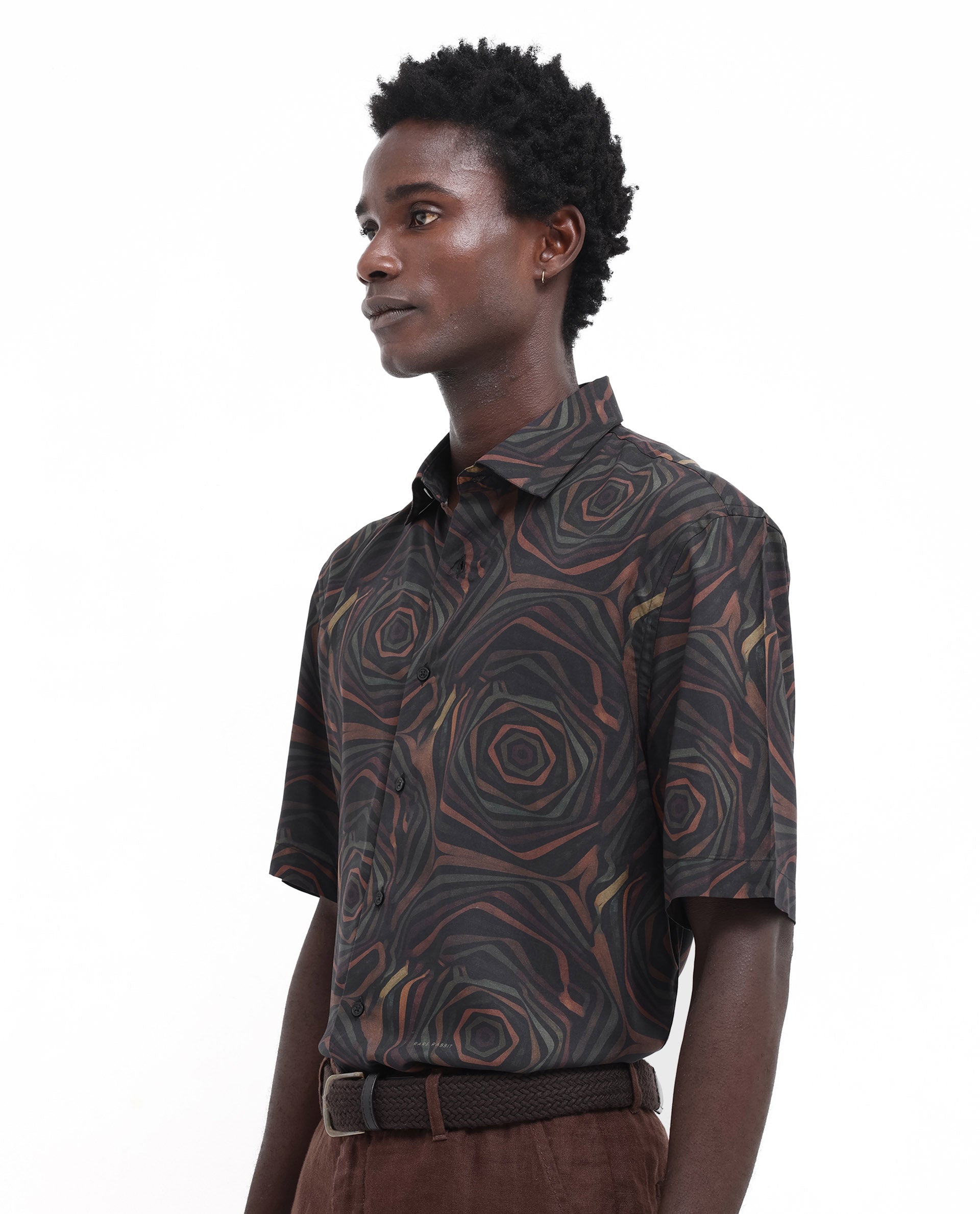 Rare Rabbit Men's Marfik Black Viscose Fabric Short Sleeve Boxy Fit Abstract Print Shirt