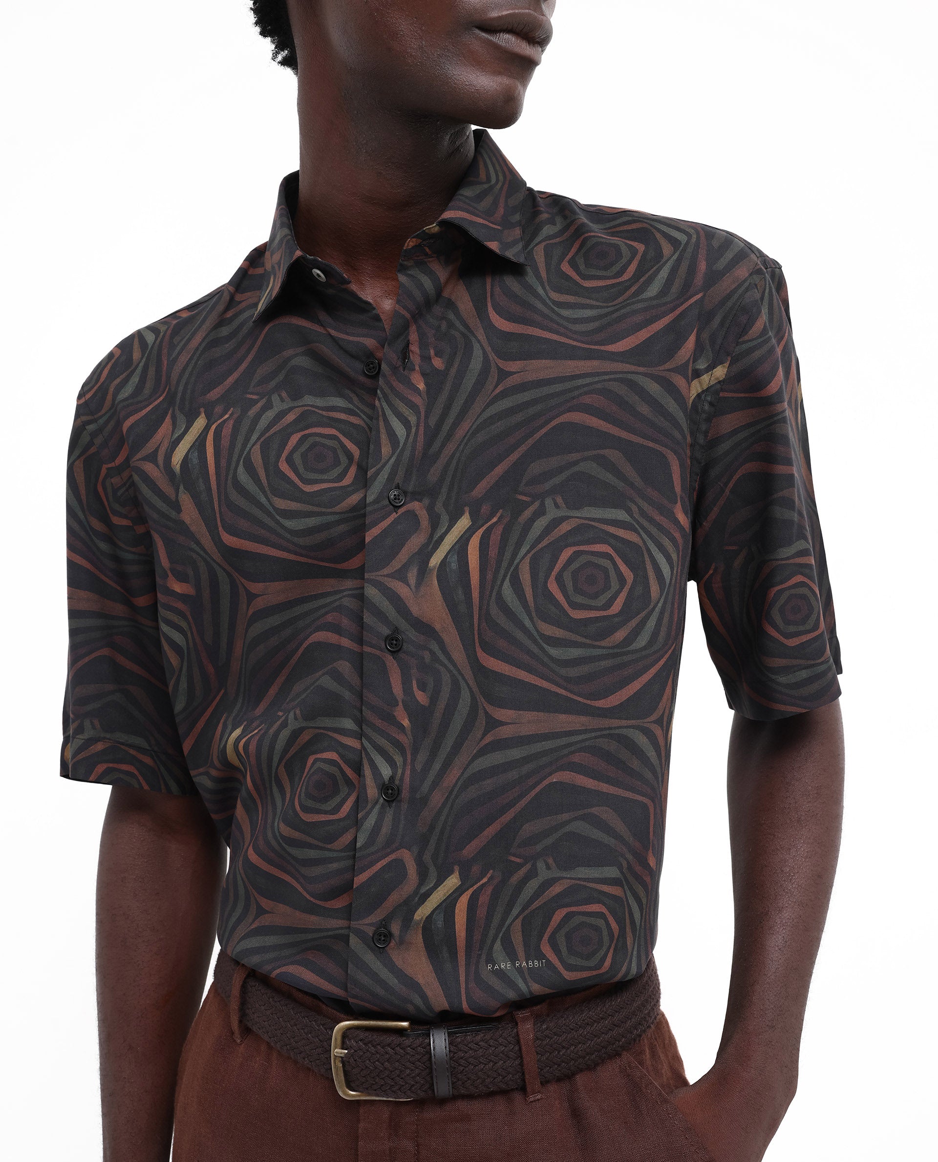 Rare Rabbit Men's Marfik Black Viscose Fabric Short Sleeve Boxy Fit Abstract Print Shirt